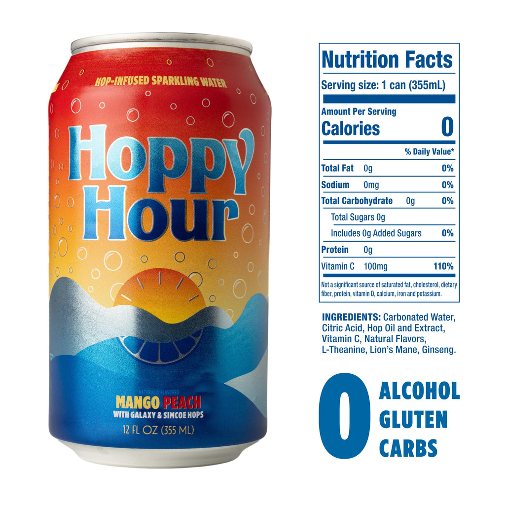 Hoppy Hour Sparkling Hop Water, Non-Alcoholic and Adaptogens Drink, Zero Sugar and Calories, Refreshing Original Citrus Flavor, 12 oz Cans (12-Pack)