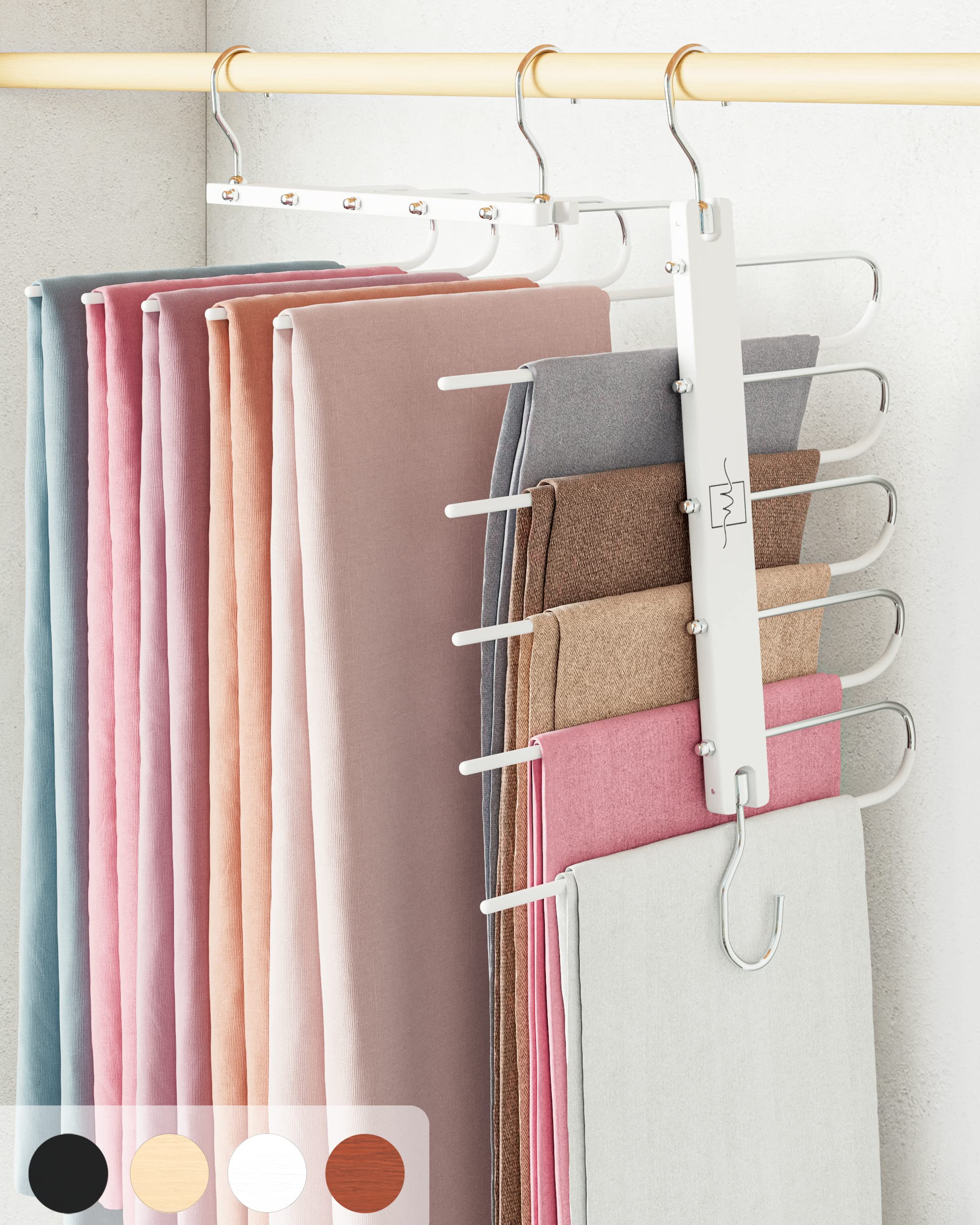 MORALVE Pants Hangers Space Saving - 2 Pack European Beechwood Scarf and Jean Hangers - Closet Organizer and Space Saver Pant Rack, Leggings Hanger, and Scarf Holder with 360° Swivel Hook