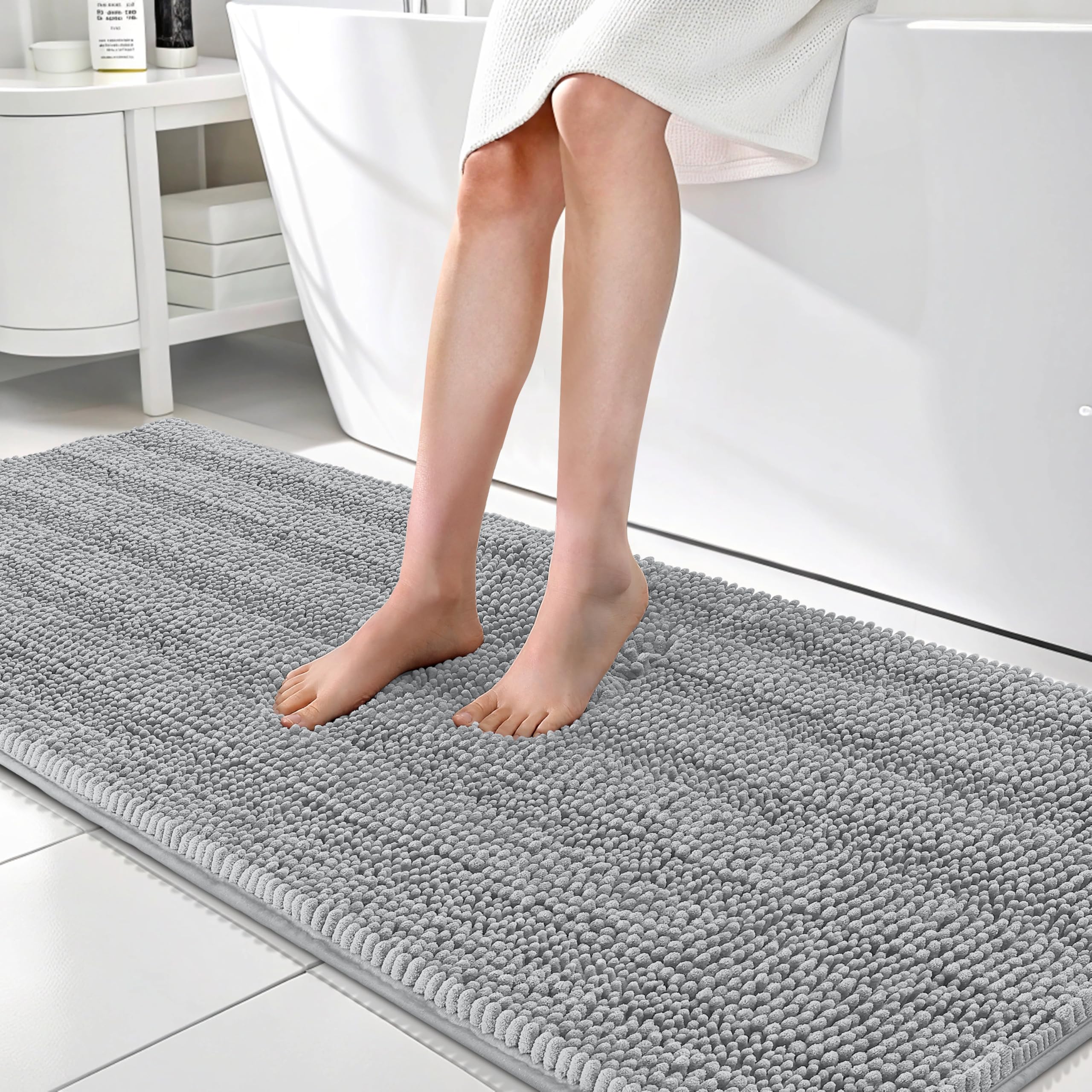OLANLY Thick Bathroom Rugs 30x20, Extra Soft Absorbent Chenille Striped Bath Rugs, Rubber Backing, Machine Wash Dry, Bath Mats for Bathroom Floor, Tub and Shower, Home Decor Accessories, Grey
