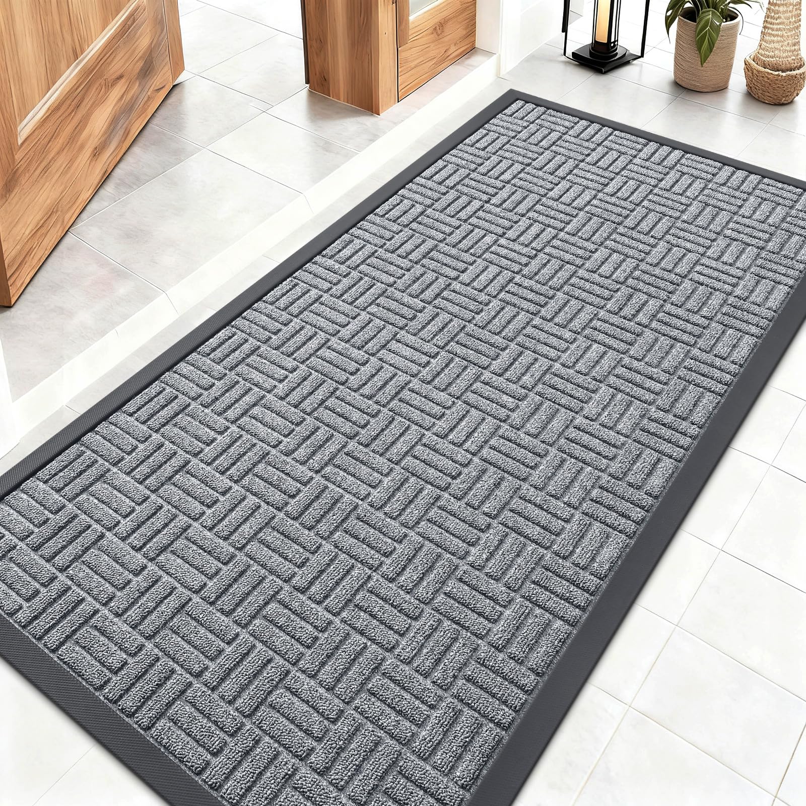 OLANLY Front Door Mat Outside Entrance 29.5x17, Absorbent, Heavy Duty Sturdy Natural Rubber Doormat Indoor Outdoor, Stain and Fade Resistant, Non-Slip Backing Low Profile Floor Mat for Entryway, Grey