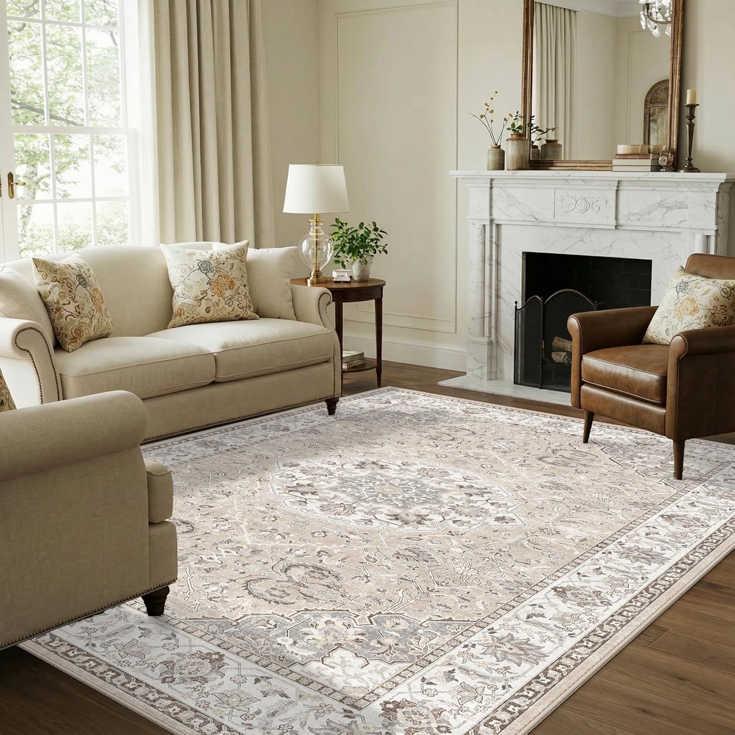 Washable 2x3 Entryway Area Rug - Neutral Kitchen Rug Runner Vintage Soft Floor Mat Non Slip Indoor Farmhouse Carpet for Bathroom Living Room Bedroom (2 X 3, Beige)
