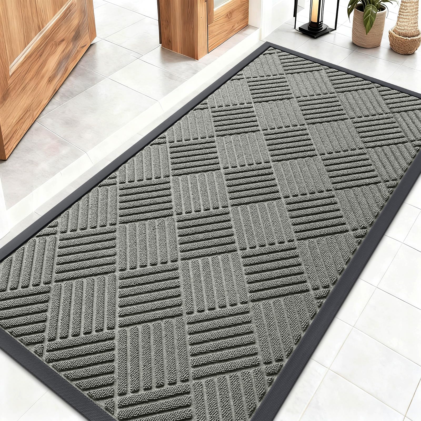 OLANLY Front Door Mat Outside Entrance 29.5x17, Absorbent, Heavy Duty Sturdy Natural Rubber Doormat Indoor Outdoor, Stain and Fade Resistant, Non-Slip Low Profile Floor Mat for Entryway, Grey Diamond