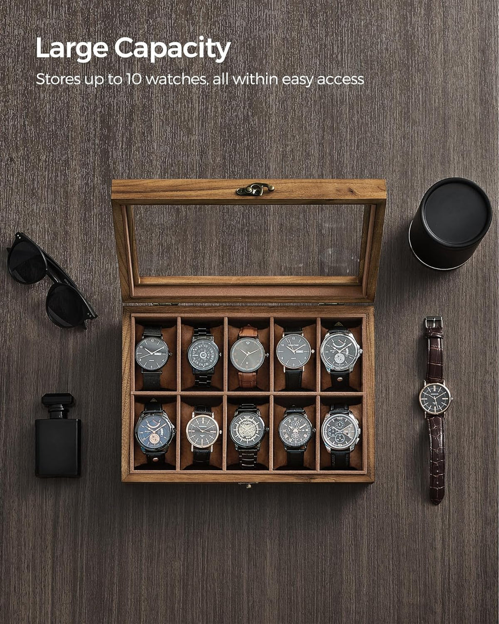 SONGMICS 10-Slot Watch Box, Watch Display Case with Large Glass Lid, Removable Watch Pillows, Velvet Lining, Gift Idea, Rustic Walnut UJOW100K01
