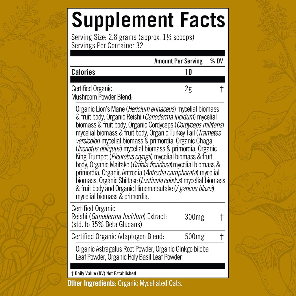 OM Mushrooms Master Blend Mushroom Powder – Organic Mushroom Supplement with 10 Mushrooms and Ashwagandha - Support Immunity, Gut Health & Stress Relief, 6.34 oz (80 Servings)