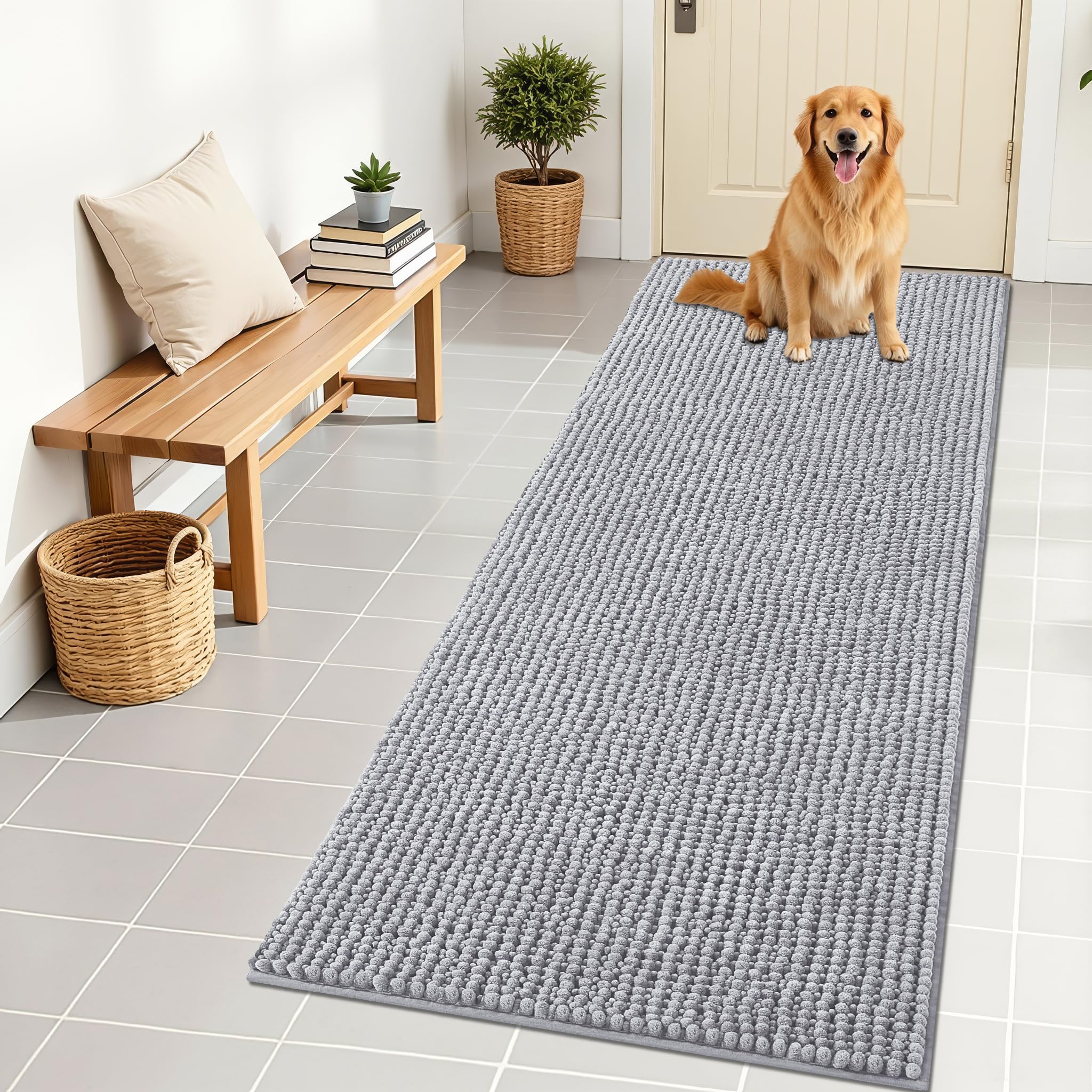 OLANLY Dog Door Mat for Muddy Paws 30x20, Ultra Absorbent Chenille Mud Doormat, Non-Slip Washable and Dirt Trapping Doormat for Indoor Entryway, Quick-Dry Indoor Pet Bed Mats for Dogs, Grey
