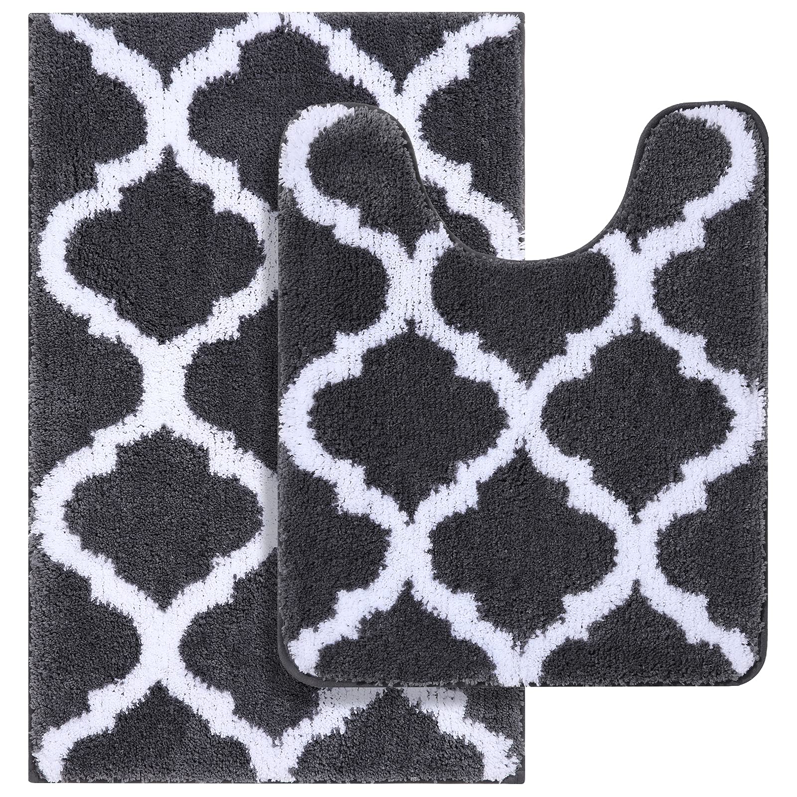OLANLY Bathroom Rugs Set 2 Piece, Microfiber Bath Shower Mat and U-Shaped Toilet Rug, Machine Wash Dry, Non-Slip Absorbent Shaggy Bath Mats for Tub, Shower and Bathroom (24"x16"+24"x20", Grey)