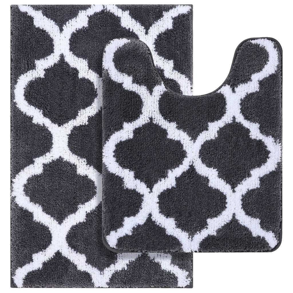 OLANLY Bathroom Rugs Set 2 Piece, Microfiber Bath Shower Mat and U-Shaped Toilet Rug, Machine Wash Dry, Non-Slip Absorbent Shaggy Bath Mats for Tub, Shower and Bathroom (24"x16"+24"x20", Grey)