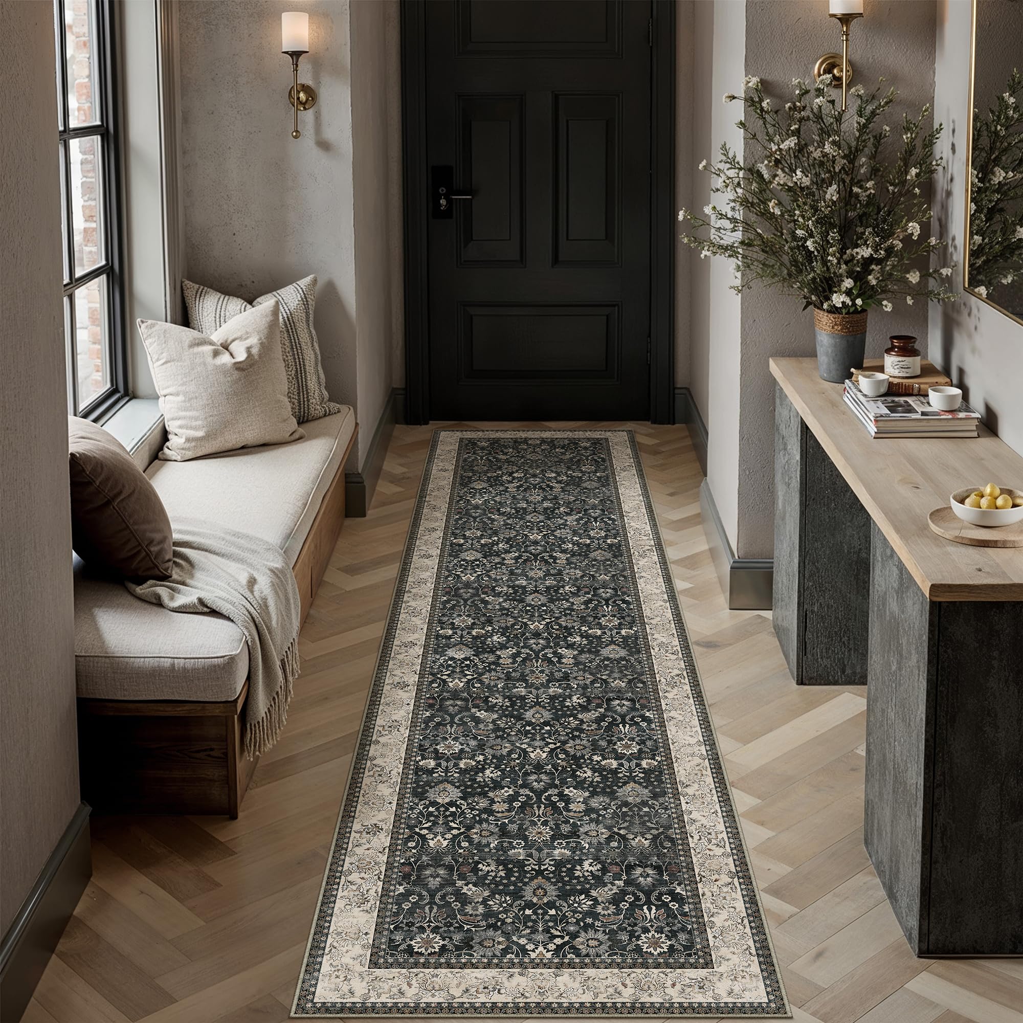 HUGEAR 5x7 Machine Washable Rugs Brown Hallway Area Rug Indoor Accent Rug Floral Low Pile Carpet Soft Throw Aesthetic Rug Bedroom Living Room Office Dining Room Kitchen Laundry Room Non Slip