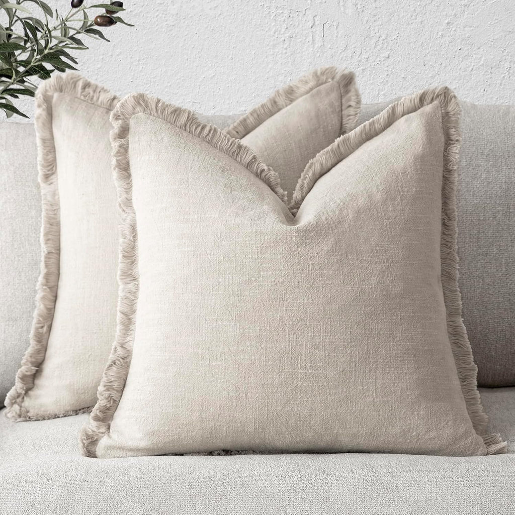 Foindtower Set of 2 Decorative Linen Fringe Throw Pillow Covers Cozy Boho Farmhouse Cushion Cover with Tassels Soft Accent Pillowcase for Couch Sofa Bed Living Room Home Decor,18×18 Inch,Navy Blue