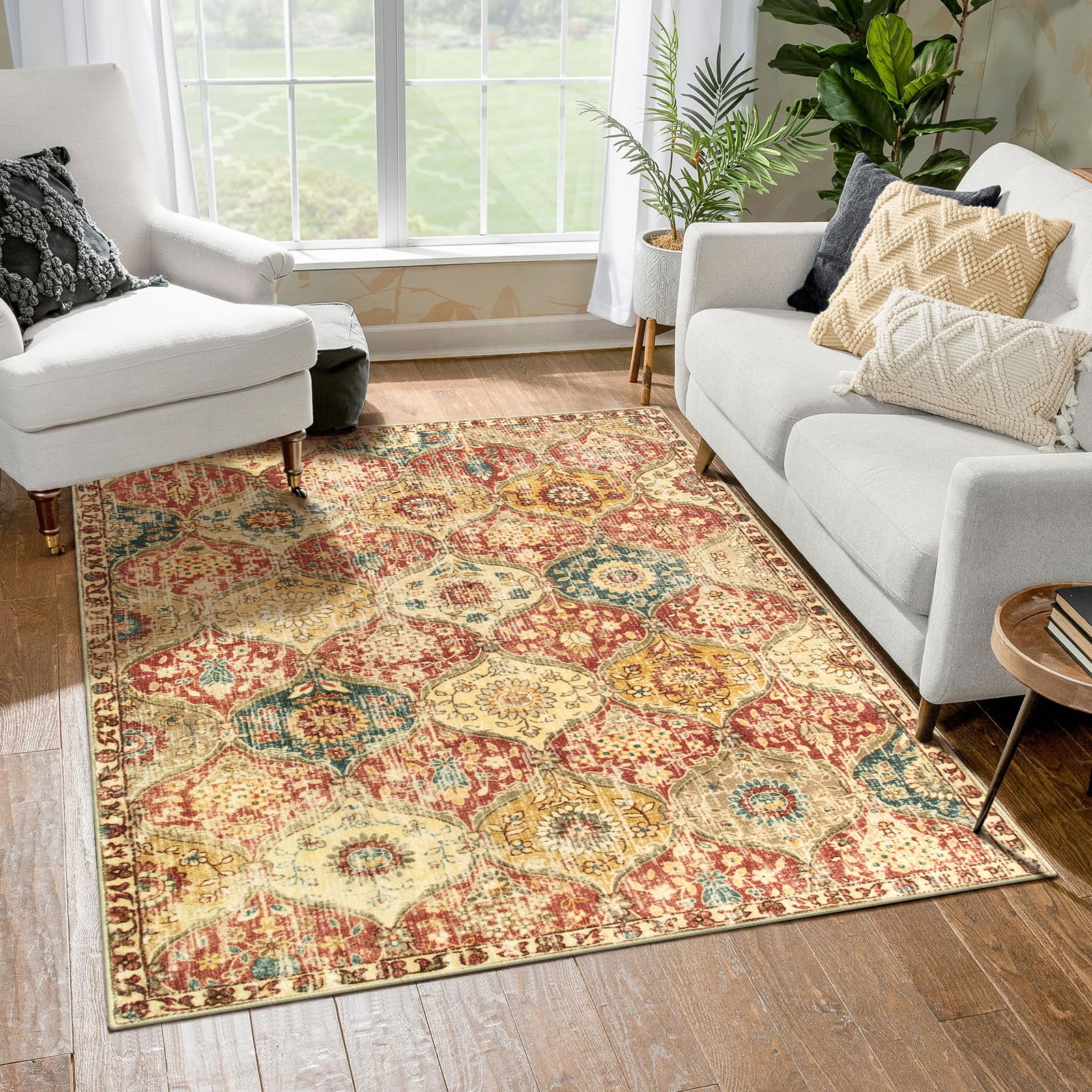 Lahome Moroccan Trellis Washable Rug, 2x3 Kitchen Rugs for Entryway Bathroom, Non-Slip Indoor Door Mat Ultra-Thin, Small Oriental Throw Carpet for Bedroom Entry Elise, Cream/Multi