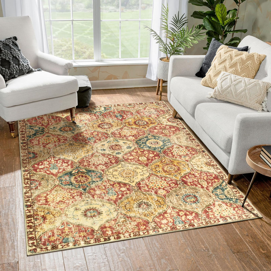 Lahome Moroccan Trellis Washable Rug, 2x3 Kitchen Rugs for Entryway Bathroom, Non-Slip Indoor Door Mat Ultra-Thin, Small Oriental Throw Carpet for Bedroom Entry Elise, Cream/Multi
