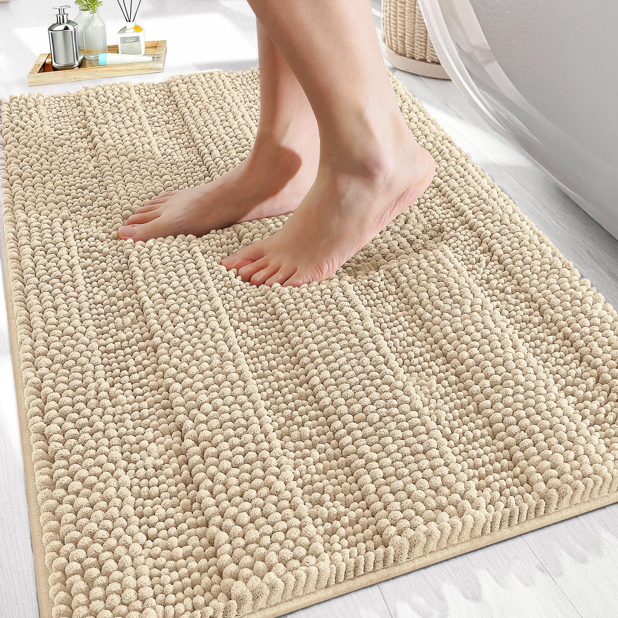OLANLY Thick Bathroom Rugs 30x20, Extra Soft Absorbent Chenille Striped Bath Rugs, Rubber Backing, Machine Wash Dry, Bath Mats for Bathroom Floor, Tub and Shower, Home Decor Accessories, Grey