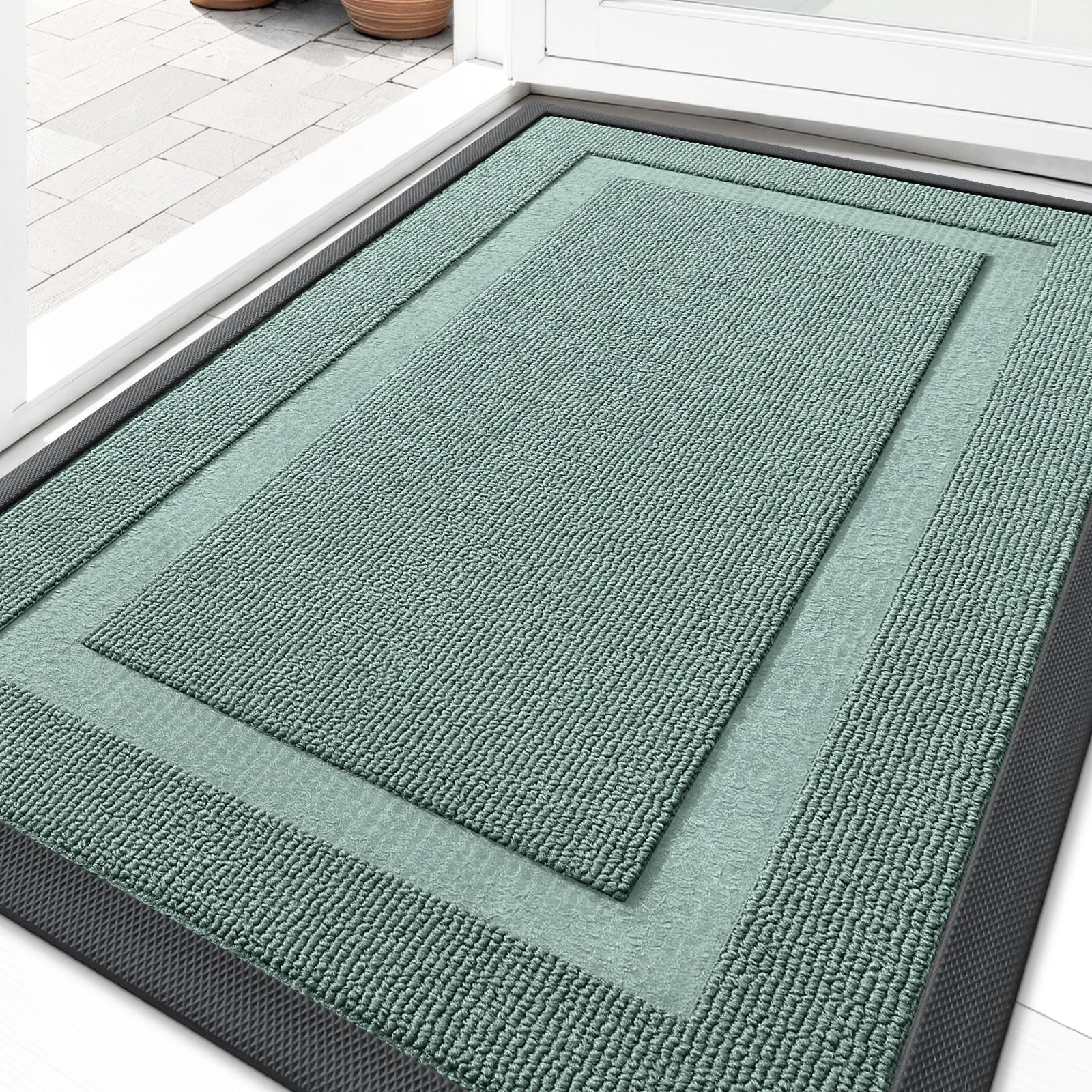 OLANLY Front Door Mat Indoor Outdoor Entrance, Waterproof All-Season, All-Weather Doormat, Sturdy Natural Rubber, Fade Resistant, Low Profile, Easy Clean Patio Porch Entryway Mat, 29.5x17, Black
