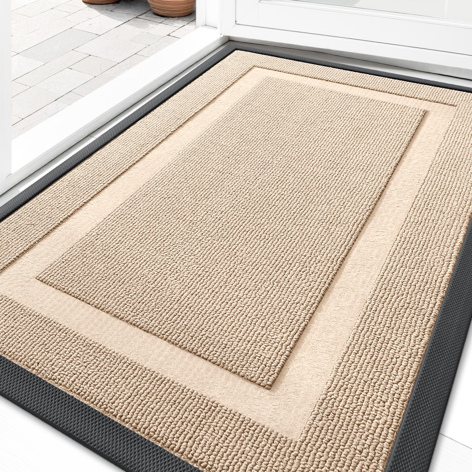 OLANLY Front Door Mat Indoor Outdoor Entrance, Waterproof All-Season, All-Weather Doormat, Sturdy Natural Rubber, Fade Resistant, Low Profile, Easy Clean Patio Porch Entryway Mat, 29.5x17, Black