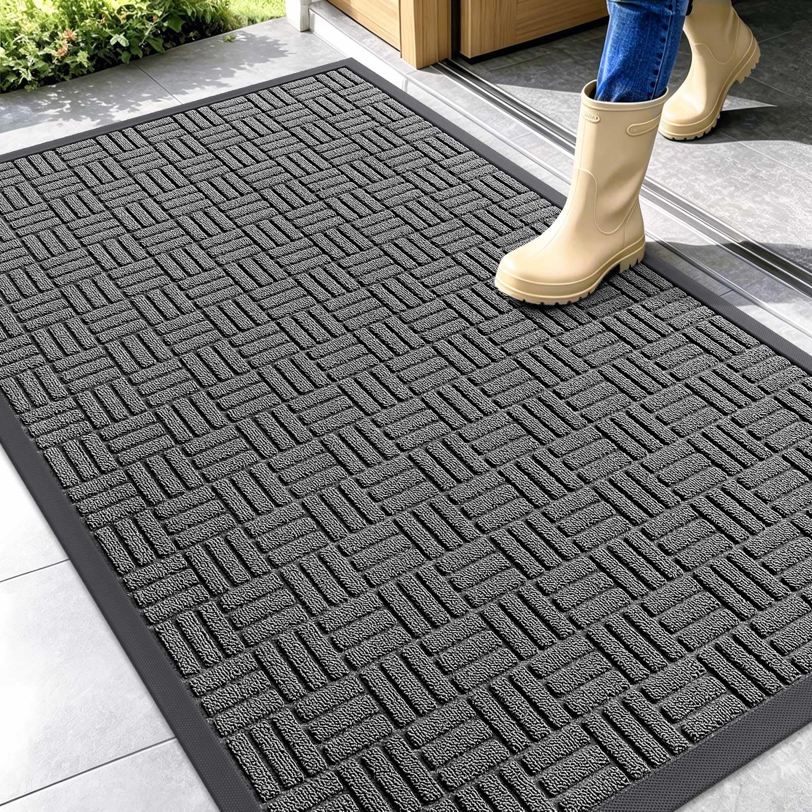 OLANLY Front Door Mat Outside Entrance 29.5x17, Absorbent, Heavy Duty Sturdy Natural Rubber Doormat Indoor Outdoor, Stain and Fade Resistant, Non-Slip Backing Low Profile Floor Mat for Entryway, Grey