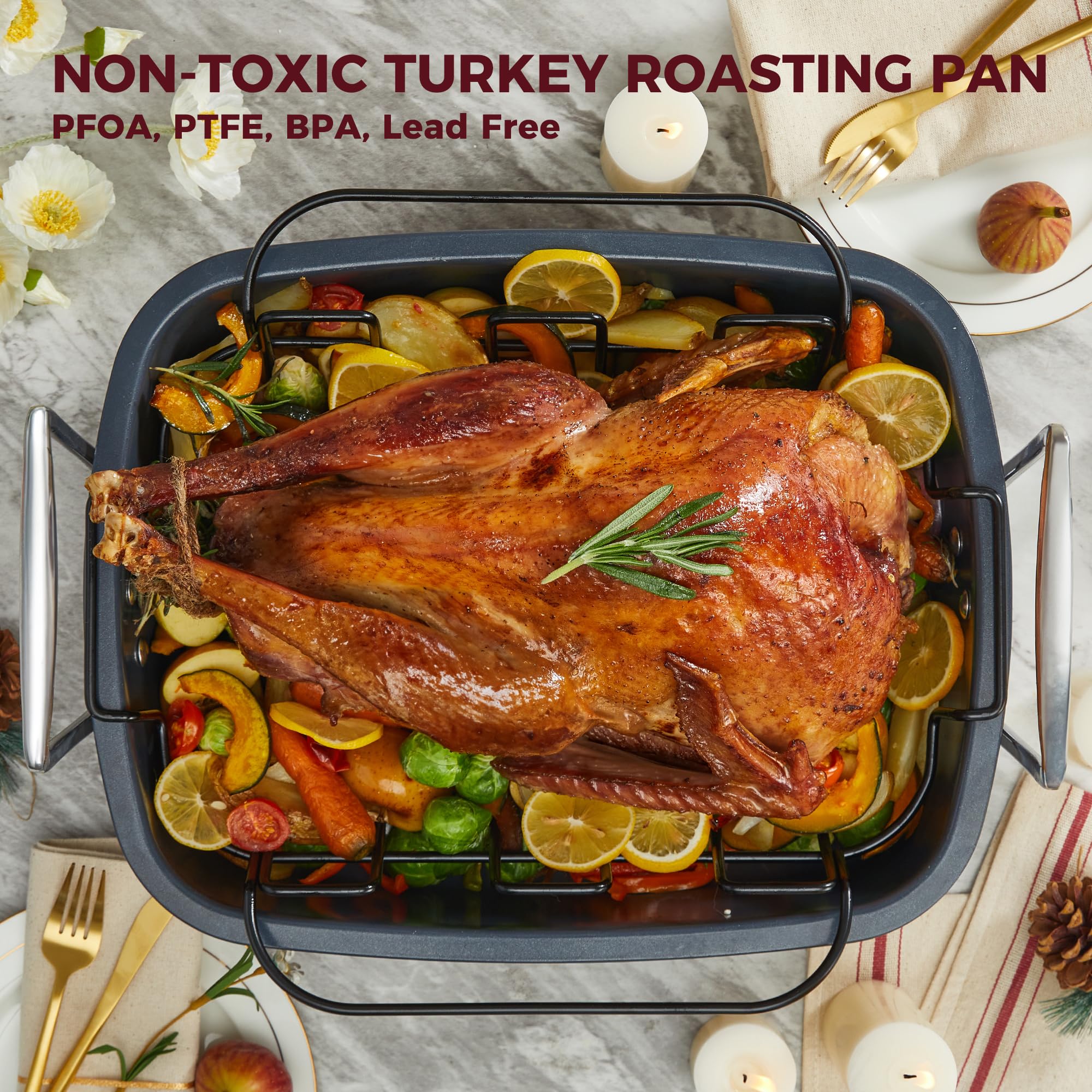 HONGBAKE Ceramic Coated Nonstick Large Turkey Roasting Pan with Rack (U-Shaped), 18.7×13.6 Inch Deep Roaster Pan for 25 lb Turkey & Chicken, Wider Handles, Non Toxic, PFOA & PTFE-Free, Cream & Gray