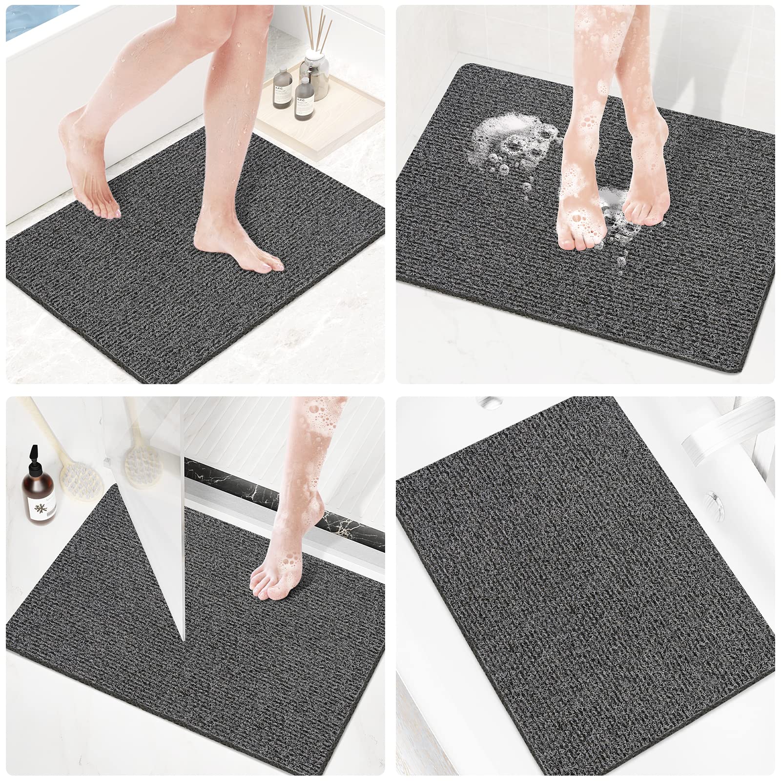 PVC Loofah Shower/Bathtub Mat Non-Slip, 24x16 inch, Soft Tub Mat with Drain, for Tub and Bathroom,Quick Drying,Grey