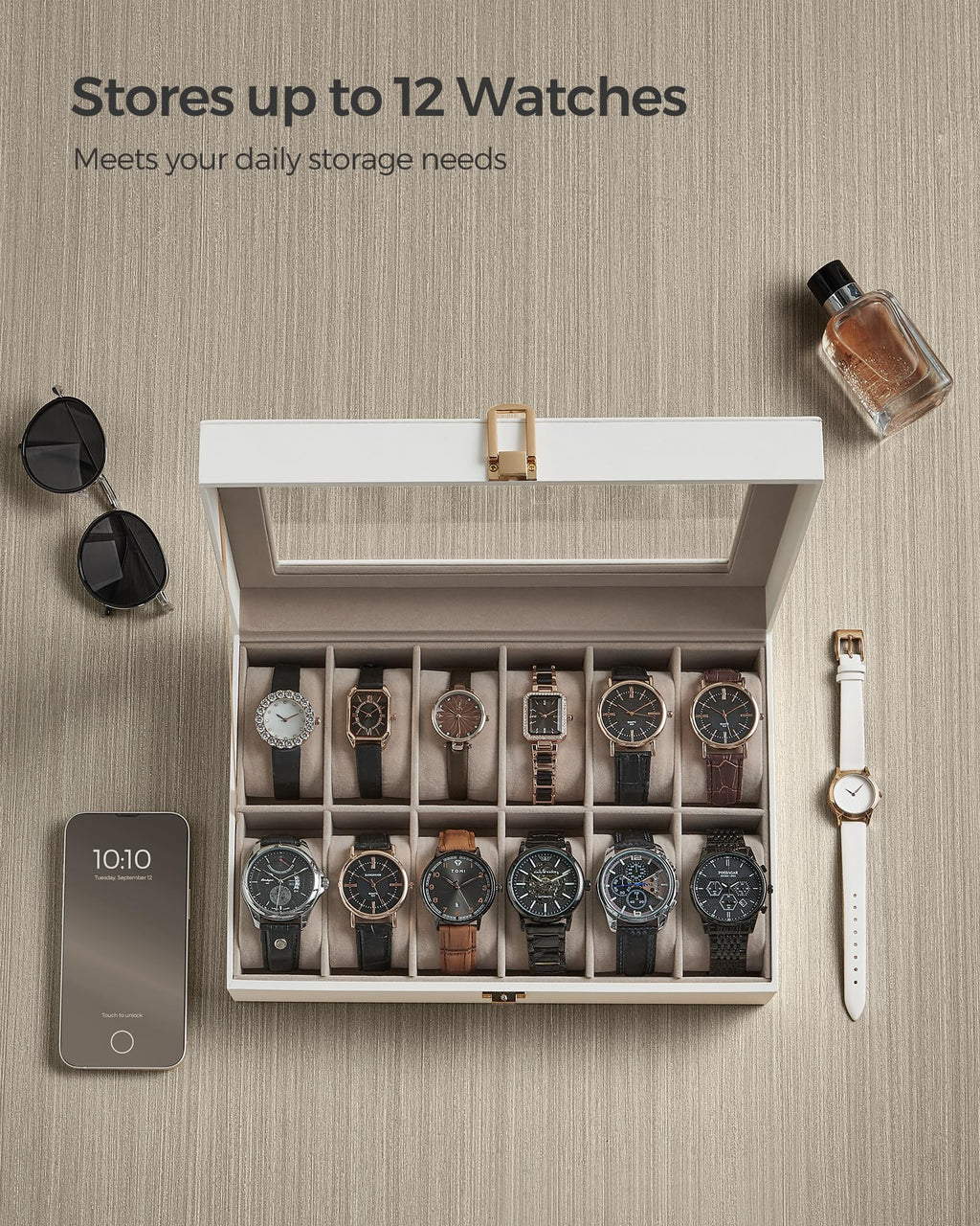 SONGMICS Watch Box, 12-Slot Watch Case Organizer with Large Glass Lid, Removable Pillows, Gift for Loved Ones, Black Synthetic Leather, Gray Lining UJWB12BK