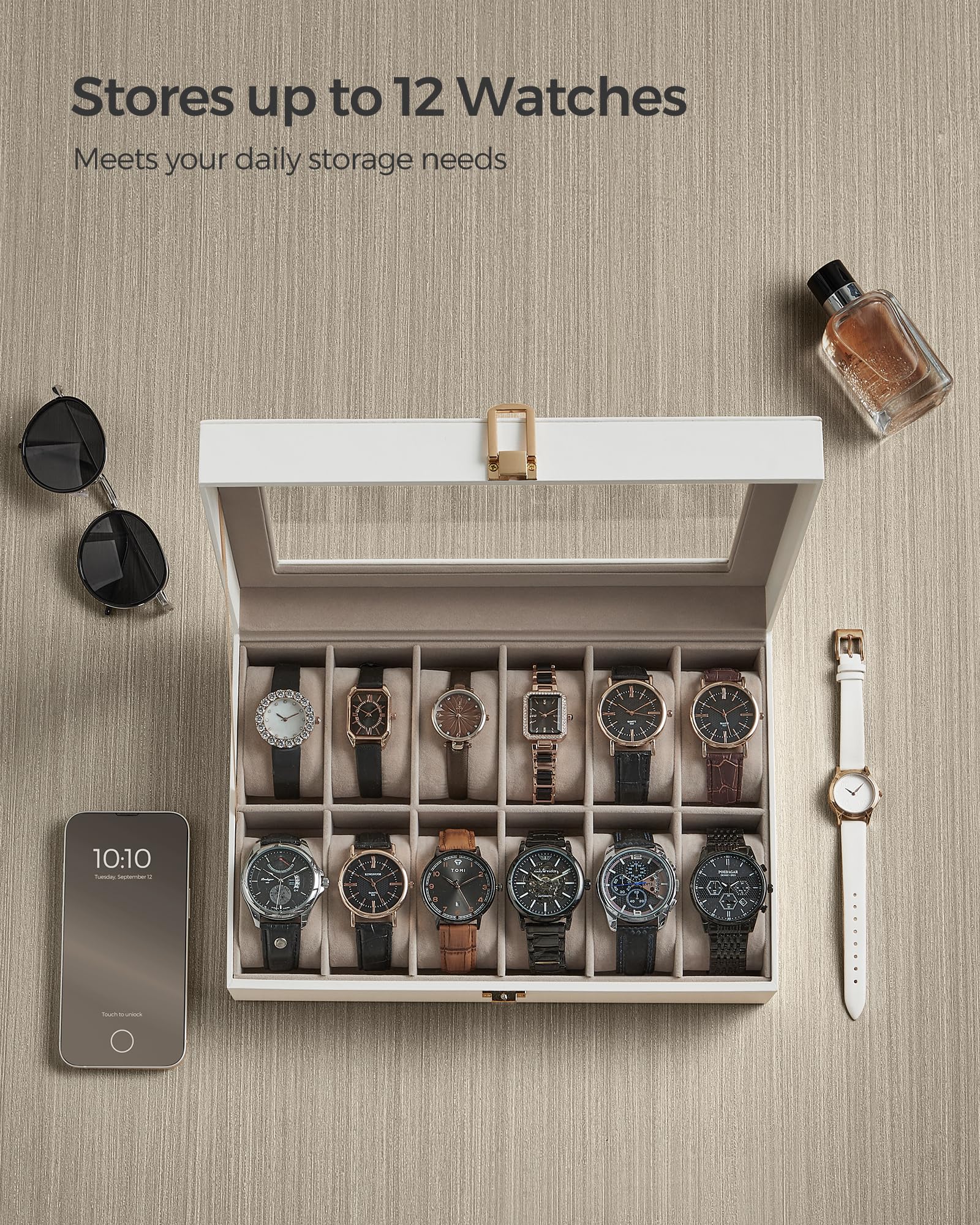 SONGMICS Watch Box, 12-Slot Watch Case Organizer with Large Glass Lid, Removable Pillows, Gift for Loved Ones, Black Synthetic Leather, Gray Lining UJWB12BK