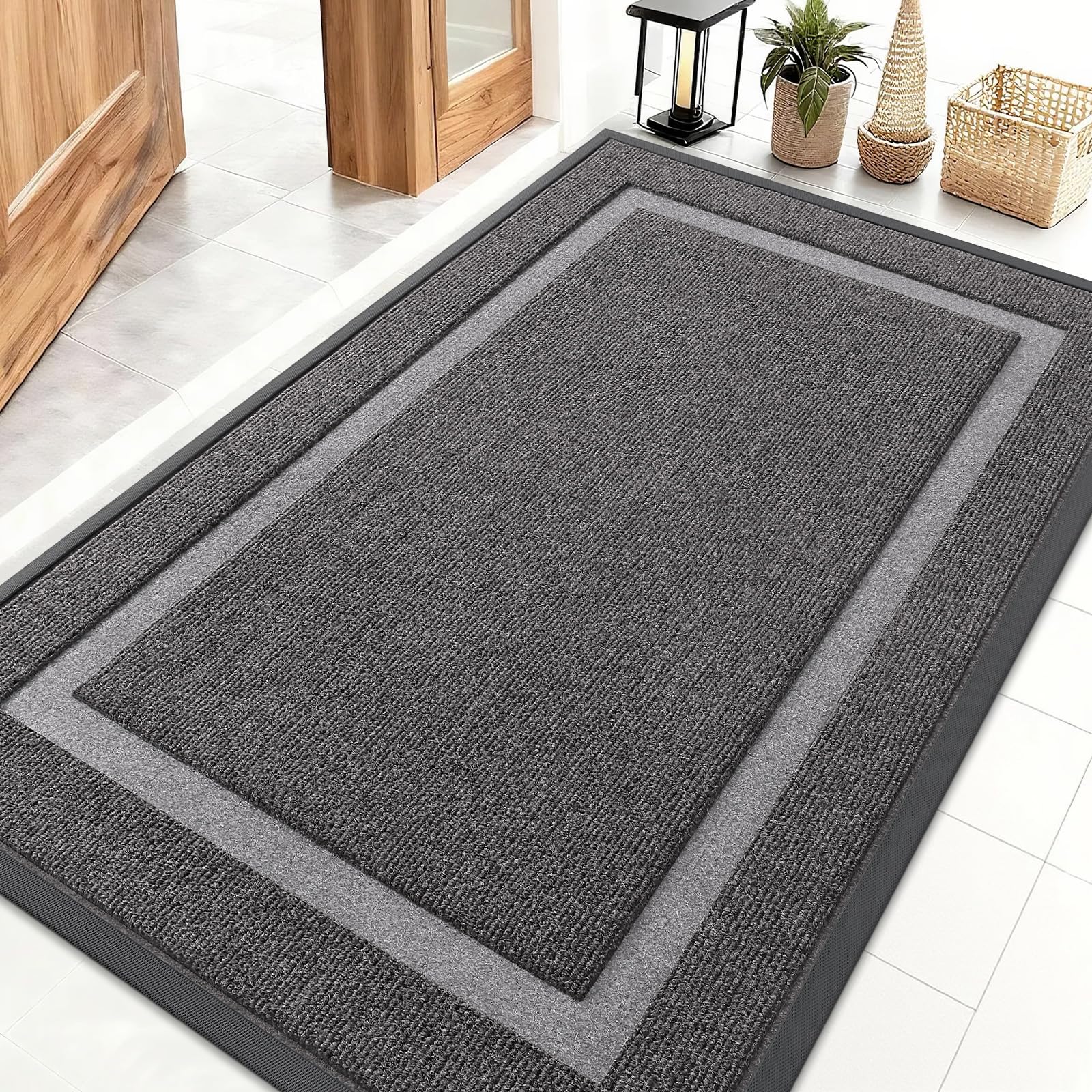 OLANLY Front Door Mat Indoor Outdoor Entrance, Waterproof All-Season, All-Weather Doormat, Sturdy Natural Rubber, Fade Resistant, Low Profile, Easy Clean Patio Porch Entryway Mat, 29.5x17, Black