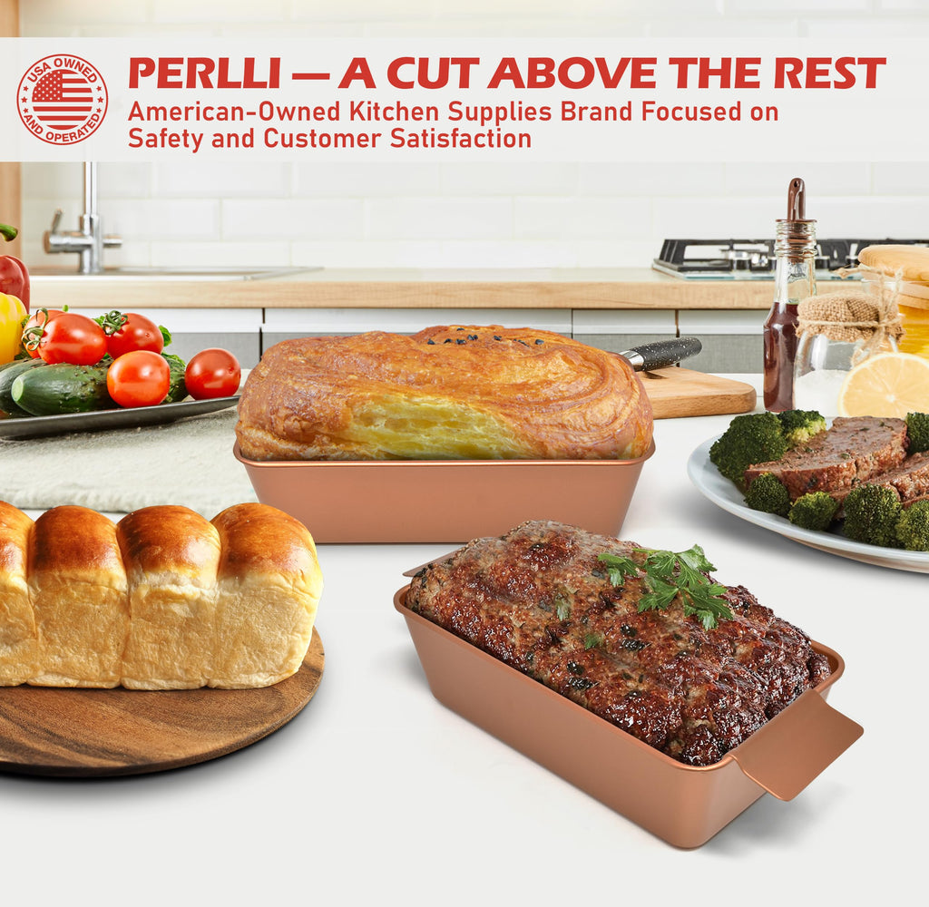 PERLLI Meat Loaf Pan with Drip Tray – 2 Pc. 9.8 x 5.7 In. High-Carbon-Steel Nonstick Meatloaf Pan with Drain Tray – Large BPA-Free Oven Loaf Pan for Baking, Bread, Cakes, Roasting Meat, & More