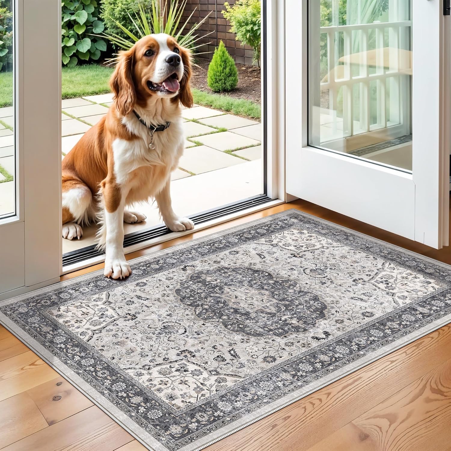 Washable 2x3 Entryway Area Rug - Neutral Kitchen Rug Runner Vintage Soft Floor Mat Non Slip Indoor Farmhouse Carpet for Bathroom Living Room Bedroom (2 X 3, Beige)