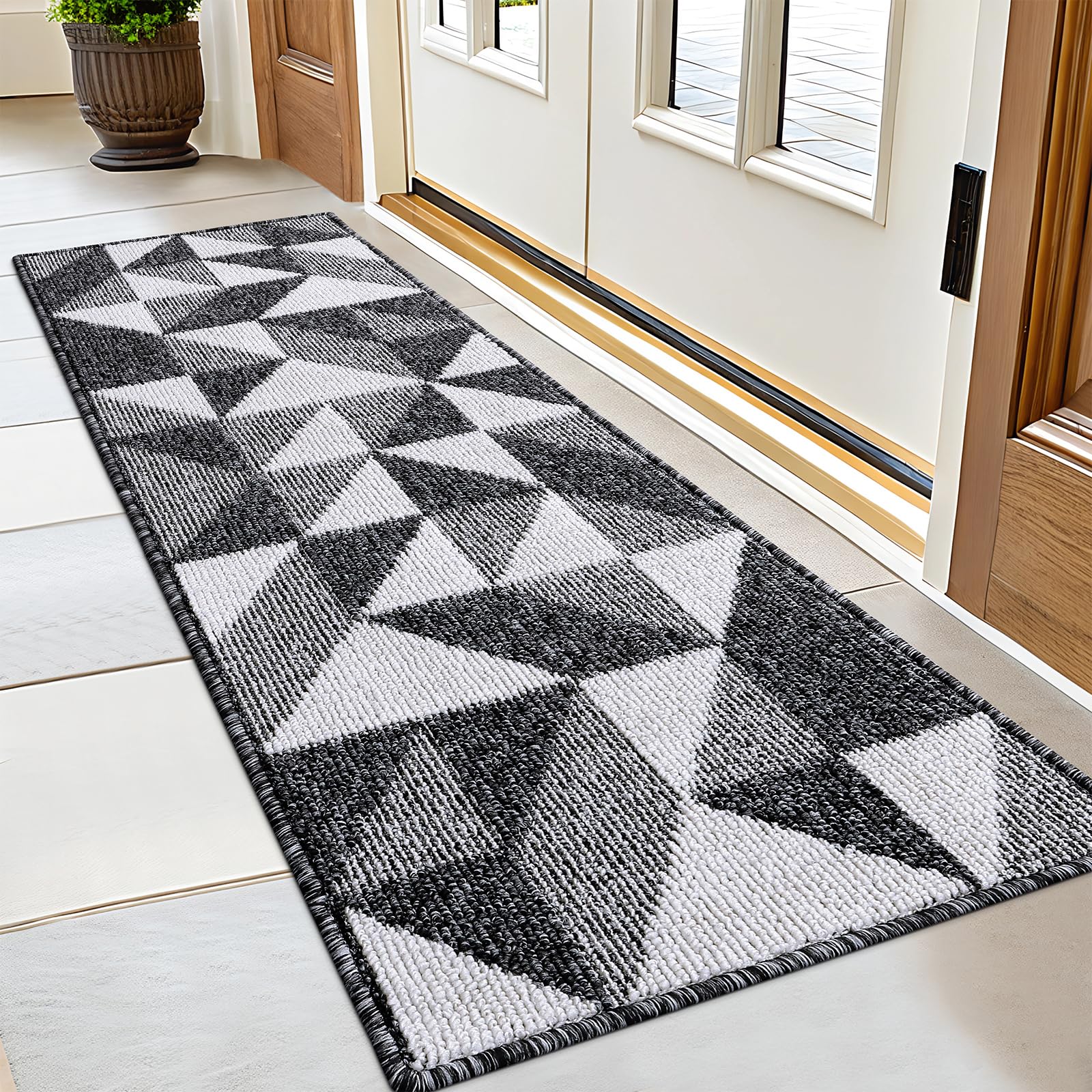 OLANLY Door Mat Indoor Entrance Washable 32x20, Odor-Free Low-Profile Front Back Geometric Doormat, Absorbent Resist Dirt Entry Carpet, Easy to Clean Sturdy Inside Floor Mats for Entryway, Black