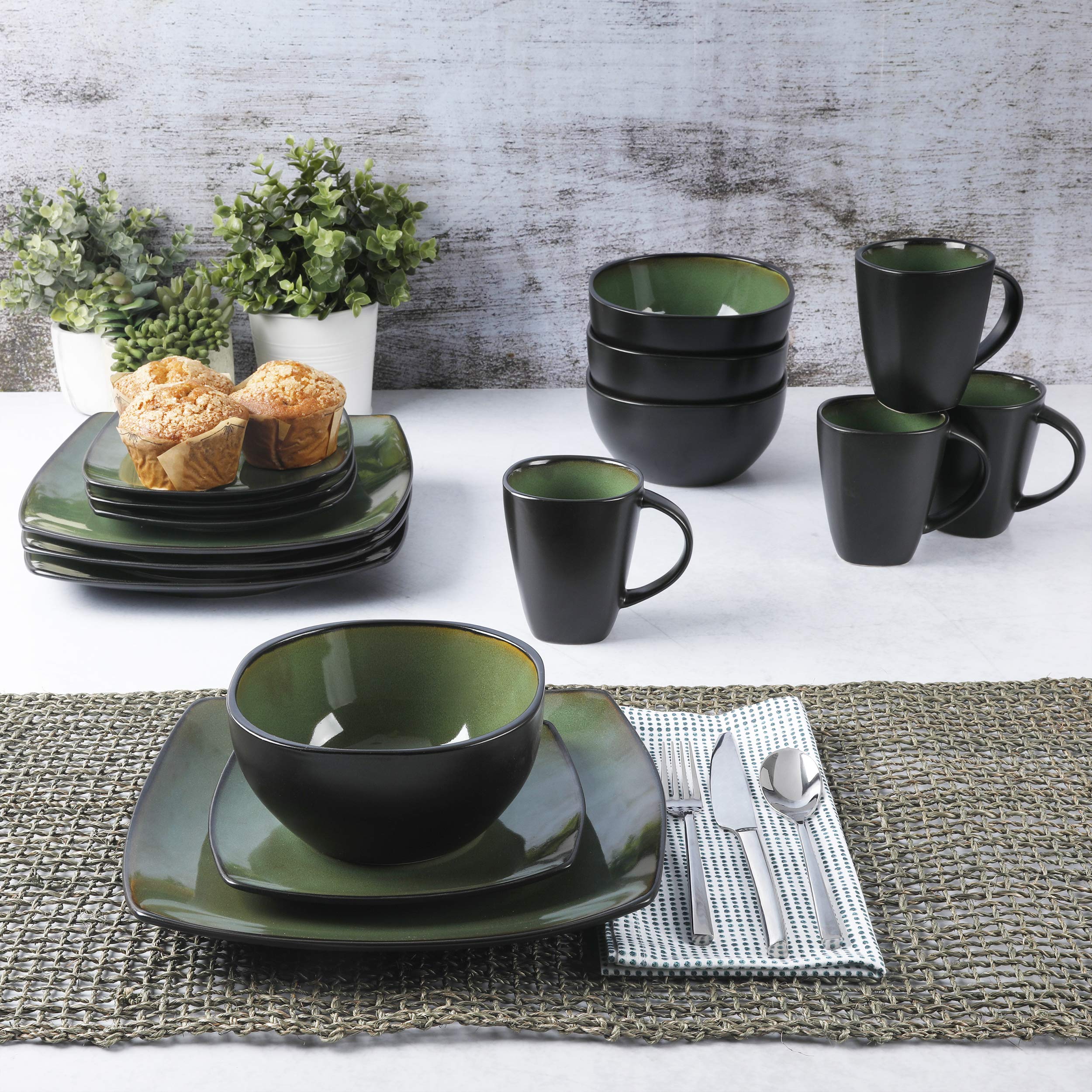 Gibson Elite Soho Lounge Square 16-Piece Dinnerware Set, Service for 4, Reactive Glaze Stoneware Plates and Bowls, Modern Dishes, Microwave & Dishwasher Safe – Red and Black