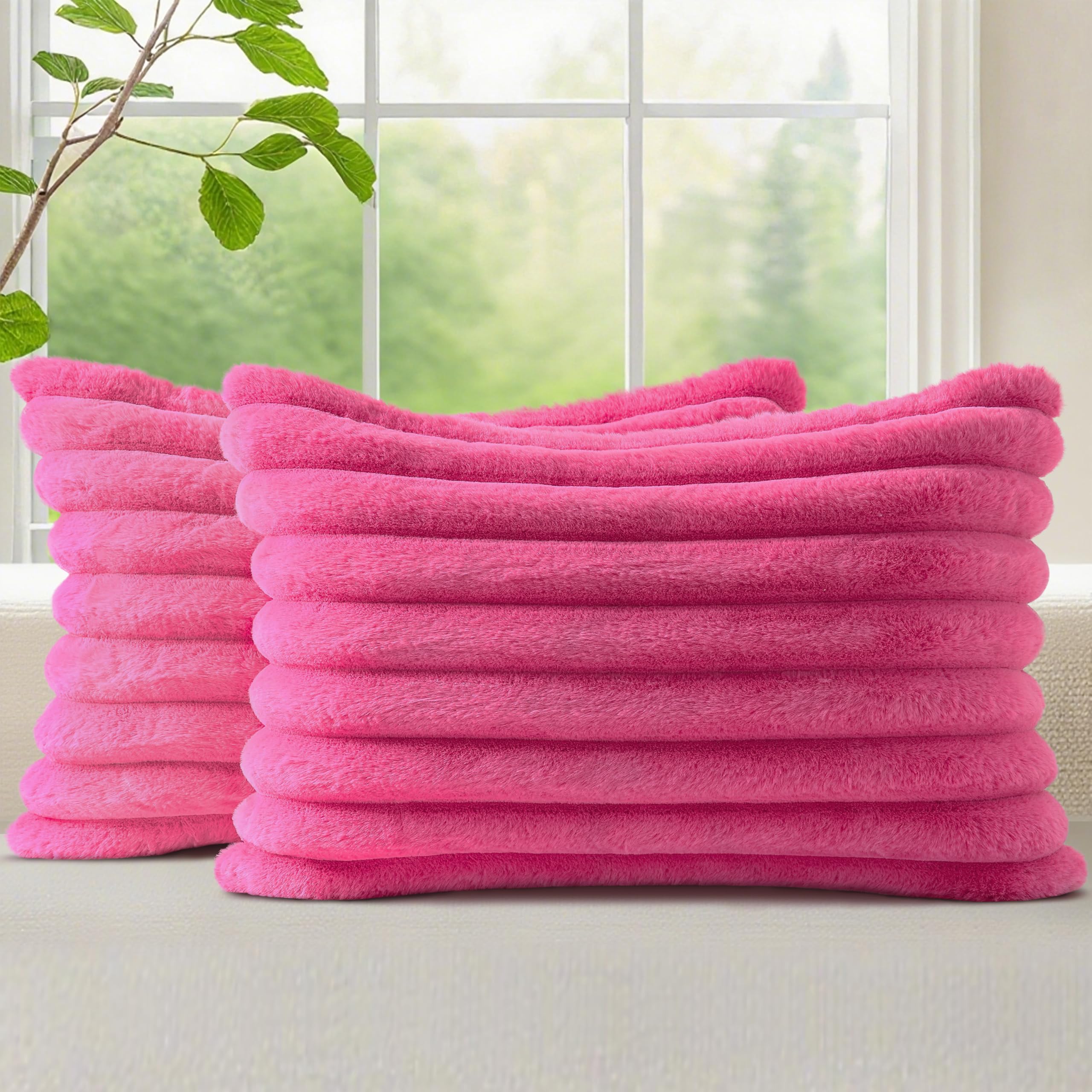 decorUhome Cozy Faux Fur Spring Throw Pillow Covers 18x18 Set of 2 Decorative Soft Plush Striped Modern Farmhouse Boho Couch Pillow Cases with Velvet Back for Sofa Bed Living Room, Cream White