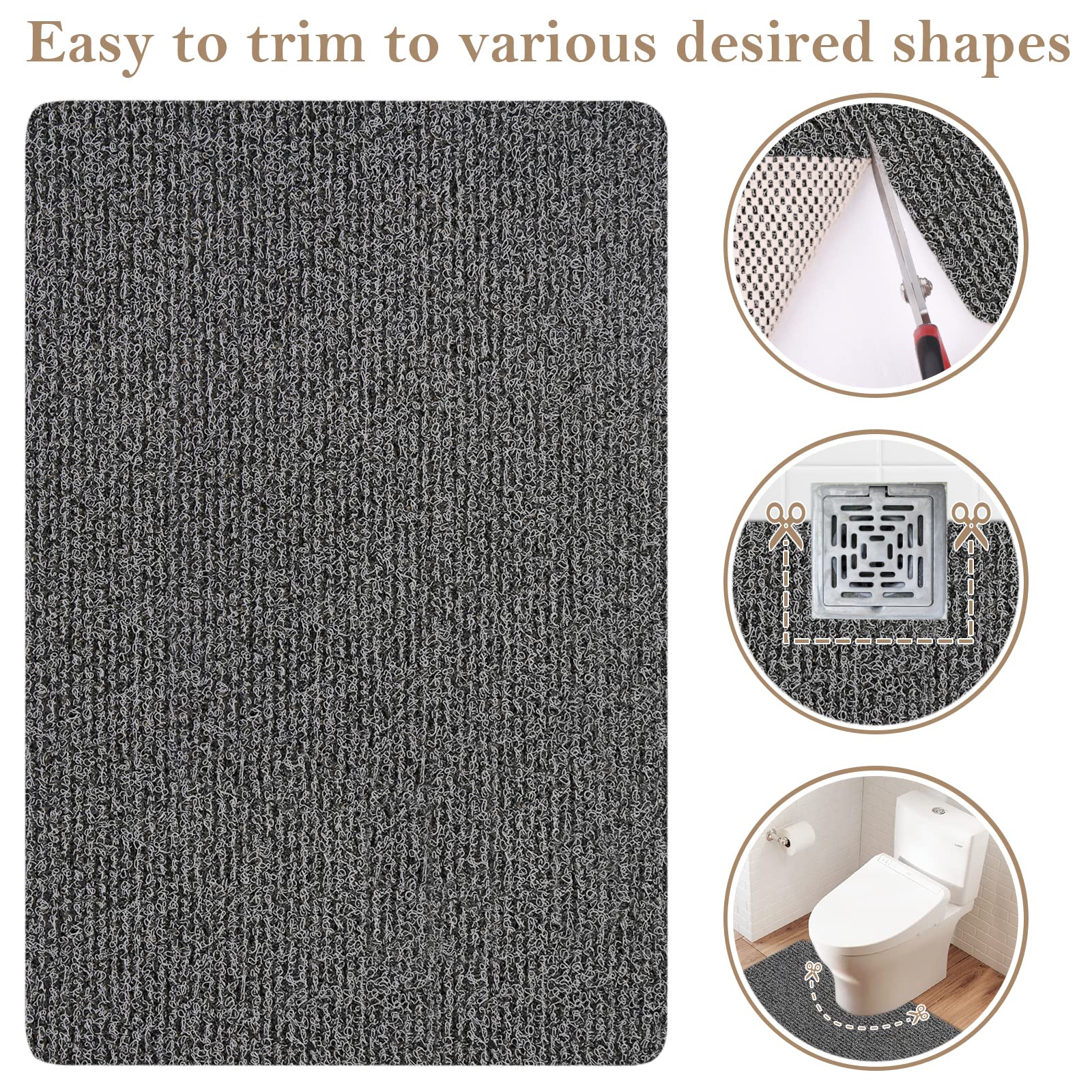 PVC Loofah Shower/Bathtub Mat Non-Slip, 24x16 inch, Soft Tub Mat with Drain, for Tub and Bathroom,Quick Drying,Grey