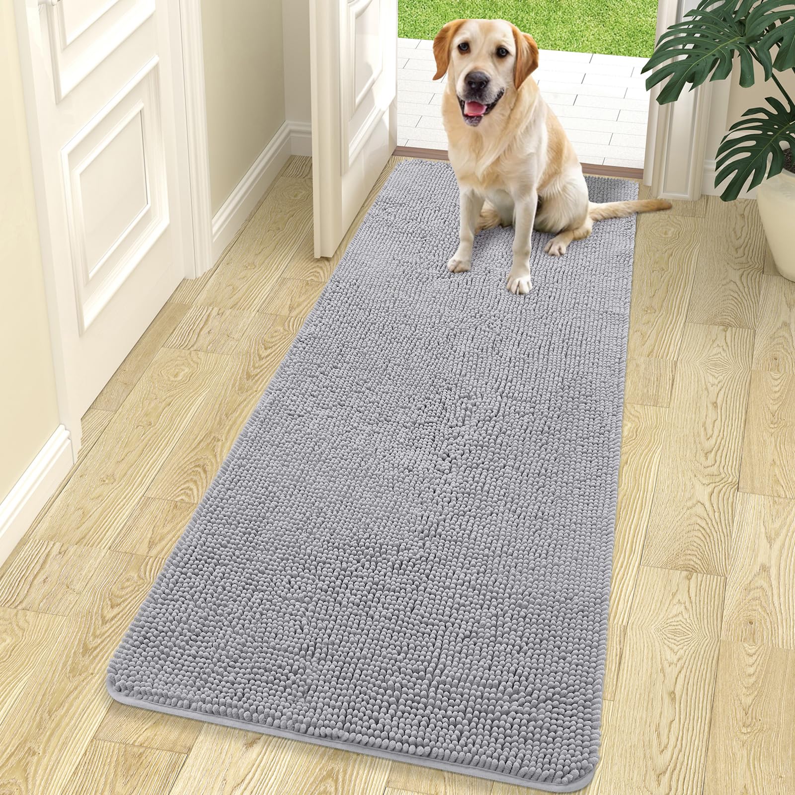 OLANLY Dog Door Mat for Muddy Paws 30x20, Absorbs Moisture and Dirt, Absorbent Non-Slip Washable Doormat, Quick Dry Chenille Mud Mat for Dogs, Entry Indoor Entryway Carpet for Inside Floor, Grey