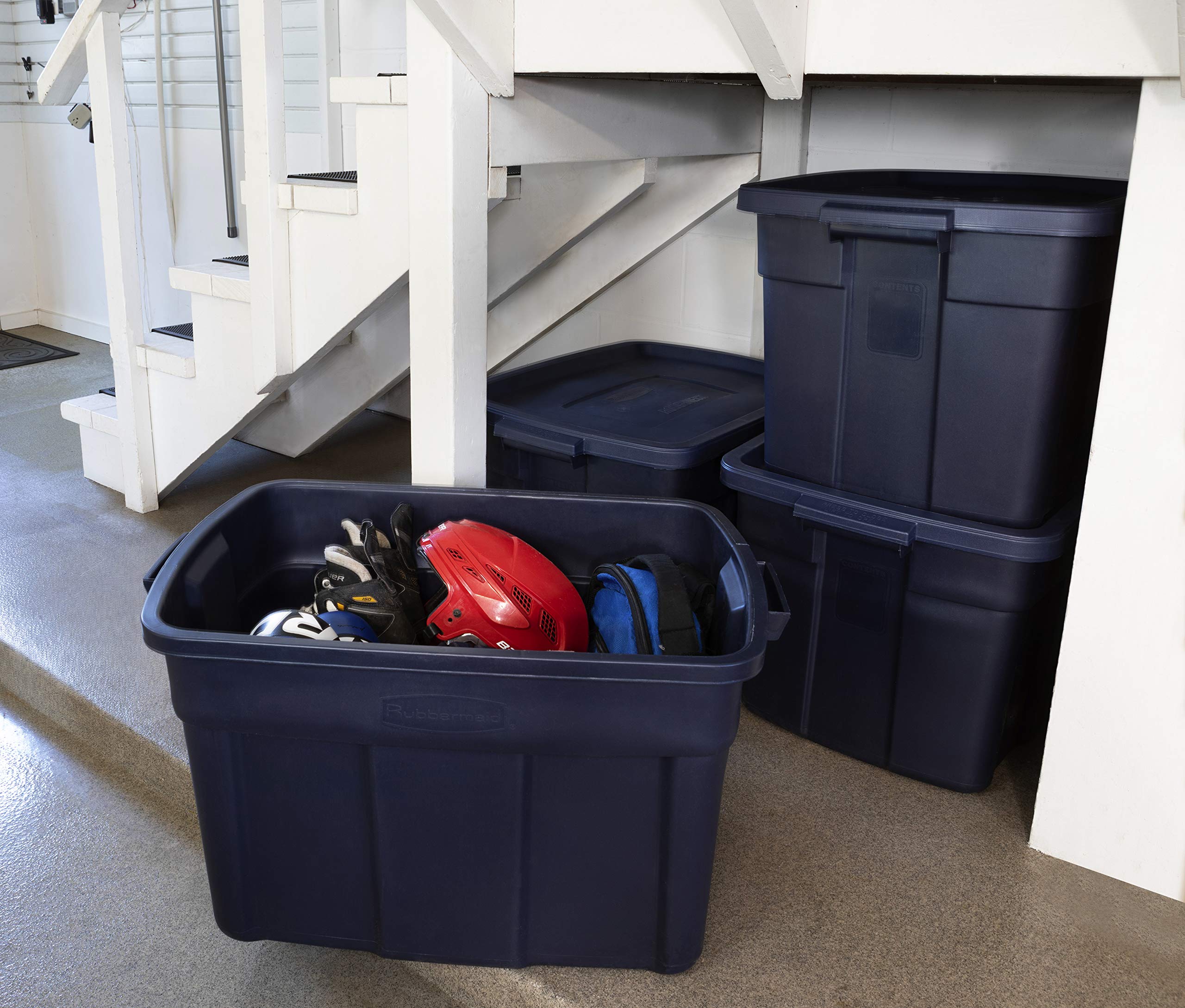 Rubbermaid Roughneck Tote 14 Gal, 6 Pack, Made in USA, Dark Indigo Metallic, Rugged Plastic Stackable Storage Bins with Lids and Handles