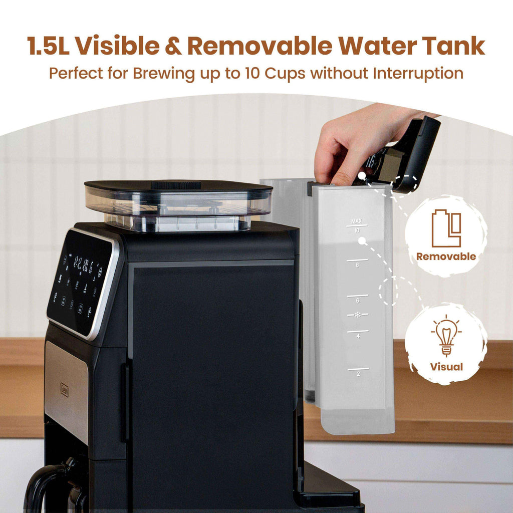 Gevi 10-Cup Drip Coffee Maker with Built-in Burr Grinder & Programmable Timer, 1.5L Water Tank, Auto Keep-Warm, Reusable Filter - Fresh Ground Coffee Machine (Black)