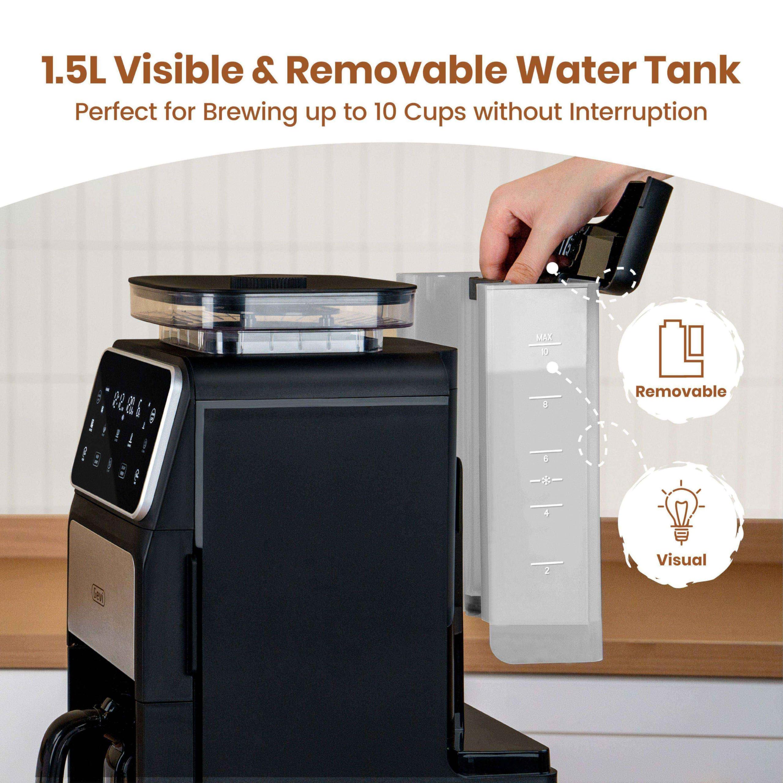 Gevi 10-Cup Drip Coffee Maker with Built-in Burr Grinder & Programmable Timer, 1.5L Water Tank, Auto Keep-Warm, Reusable Filter - Fresh Ground Coffee Machine (Black)