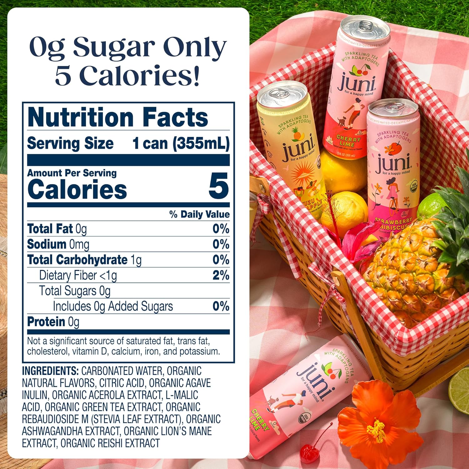 Juni Sparkling Adaptogen Drinks with Ashwagandha, Lion's Mane & Reishi Mushrooms | Zero Sugar, 5 Calories | Strawberry Hibiscus and Peach 24 Pack