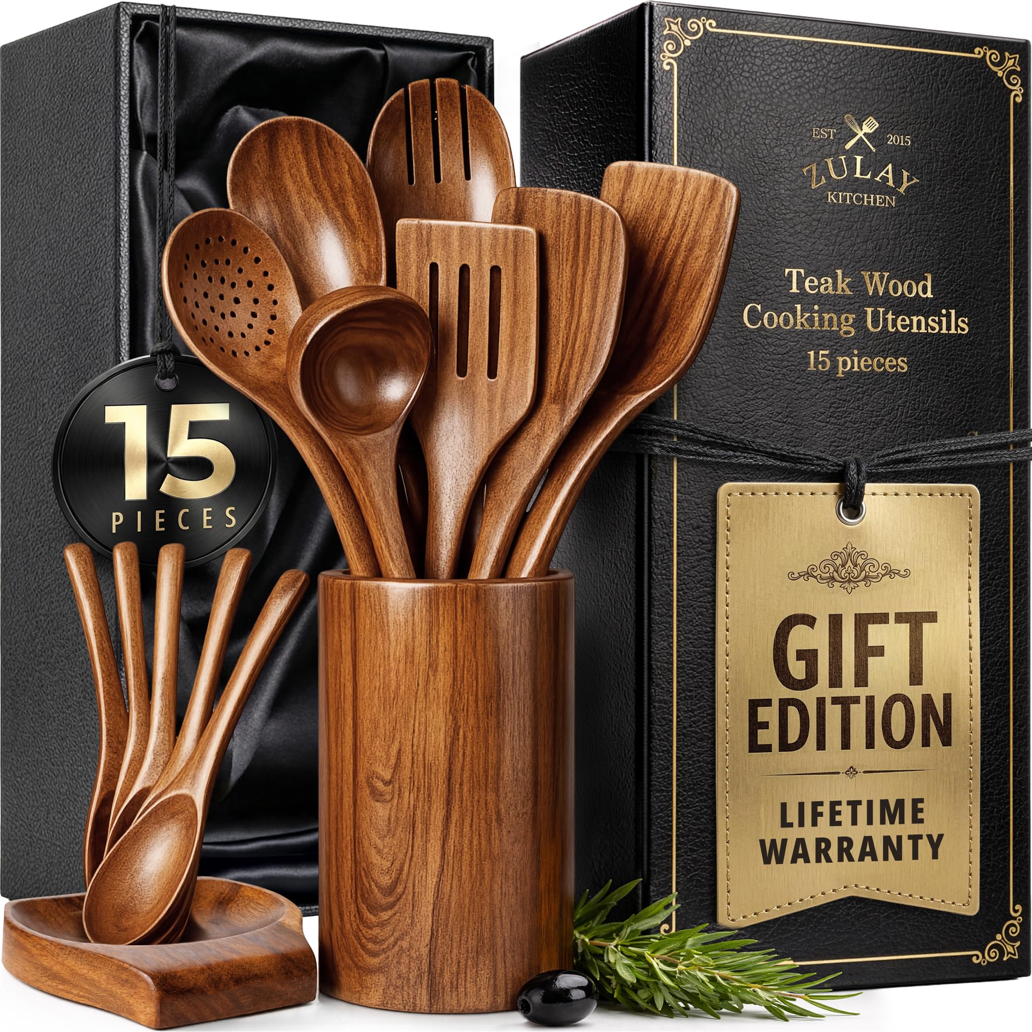 Zulay Kitchen 6 Piece Wooden Spoons for Cooking – Natural Teak Wooden Utensil Set, Easy to Clean, Durable, Smooth with Comfort Grip - Non Toxic Wooden Cooking Utensil Sets