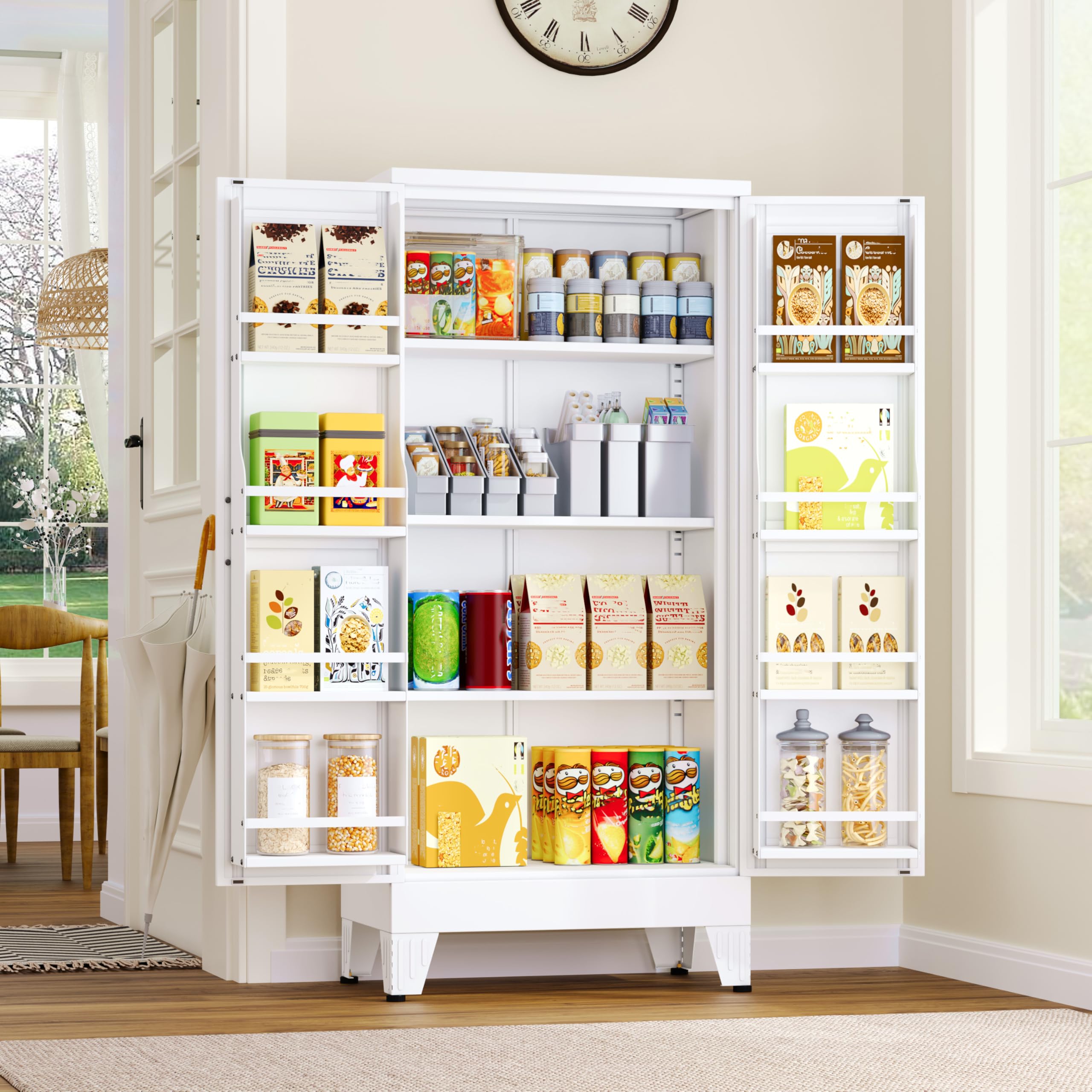 GAIOUS Metal Pantry Cabinet, Kitchen Pantry Storage Cabinets with 2 Door and 3 Adjustable Shelves, White Kitchen Pantry Cabinet, Freestanding Cupboard for Dining Room Living Room Bathroom