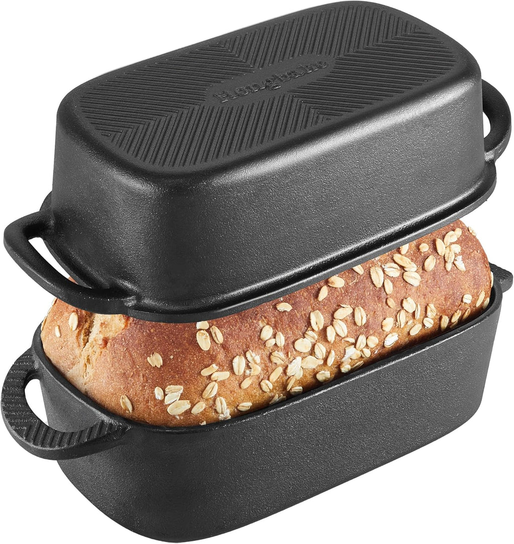 HONGBAKE Everline Collection 2 in 1 Cast Iron Loaf Pan with Lid, 9x5 Bread Pans for Homemade Bread, Pre-Seasoned Nonstick Sourdough Baking Pan, Even Heating Loaf Dutch Oven, Banana Bread Tins