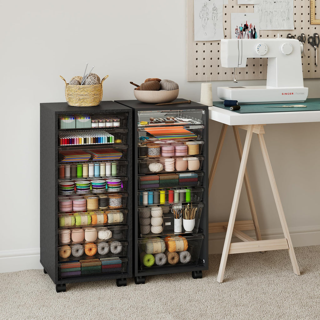 WOPITUES Storage Drawer Cart, Mobile Storage Cabinet, Makeup Storage with 10 Large Clear Drawers, Utility Wooden Rolling Cart on Wheels, for Cosmetic, Art Craft, Office Supplies, Toy, White