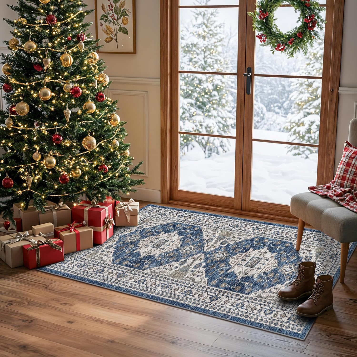 Washable 2x3 Entryway Area Rug - Neutral Kitchen Rug Runner Vintage Soft Floor Mat Non Slip Indoor Farmhouse Carpet for Bathroom Living Room Bedroom (2 X 3, Beige)