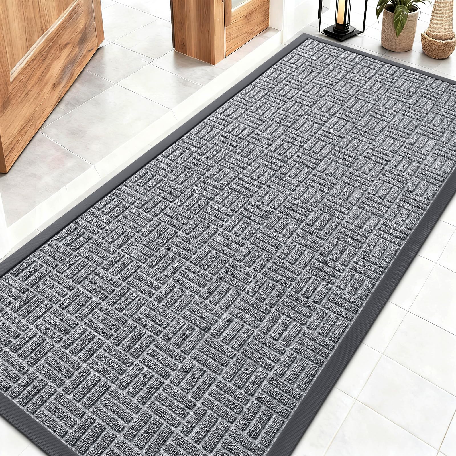 OLANLY Front Door Mat Outside Entrance 29.5x17, Absorbent, Heavy Duty Sturdy Natural Rubber Doormat Indoor Outdoor, Stain and Fade Resistant, Non-Slip Backing Low Profile Floor Mat for Entryway, Grey