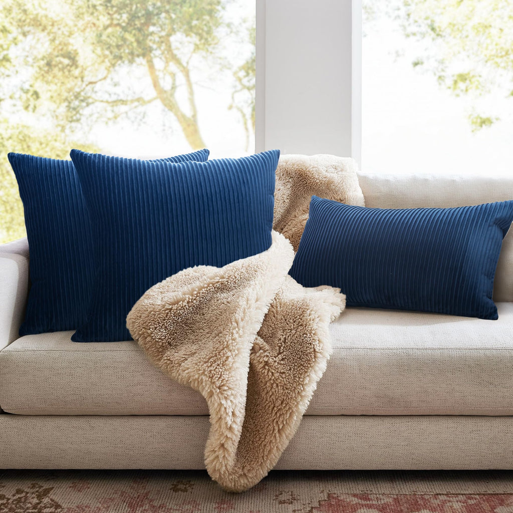 YCOLL Navy Blue Pillow Covers 18x18 Set of 2 Velvet Striped Pattern - Soft Throw Pillows for Home Decor, Luxury Decorative Pillow Covers for Couch, Bed,Living Room
