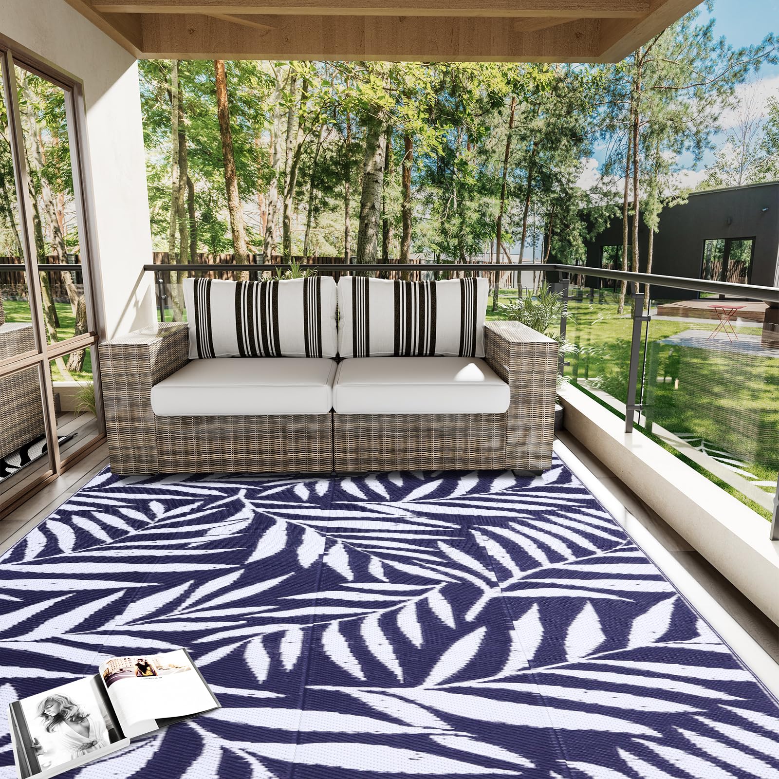 OLANLY Waterproof Outdoor Rug 5x8 ft, Reversible Outdoor Plastic Straw Rug with Leaf Pattern, RV Mat, Indoor Outdoor Carpet for Patio, Camping, Balcony, Deck, Backyard, Grey & White