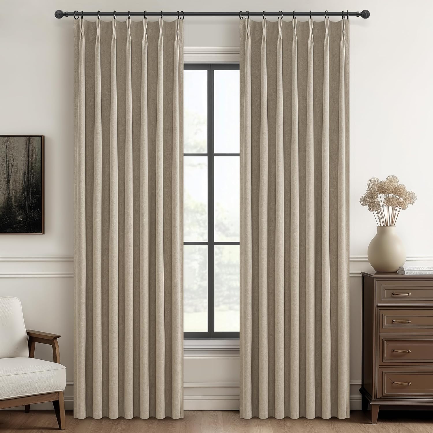 Natural Linen Pinch Pleated Blackout Curtains & Drapes 96 Inch Long Bedroom/Livingroom Farmhouse Curtains 2 Panel Sets, Neutral Track Room Darkening Thermal Insulated 8ft Back Tab Window Curtain