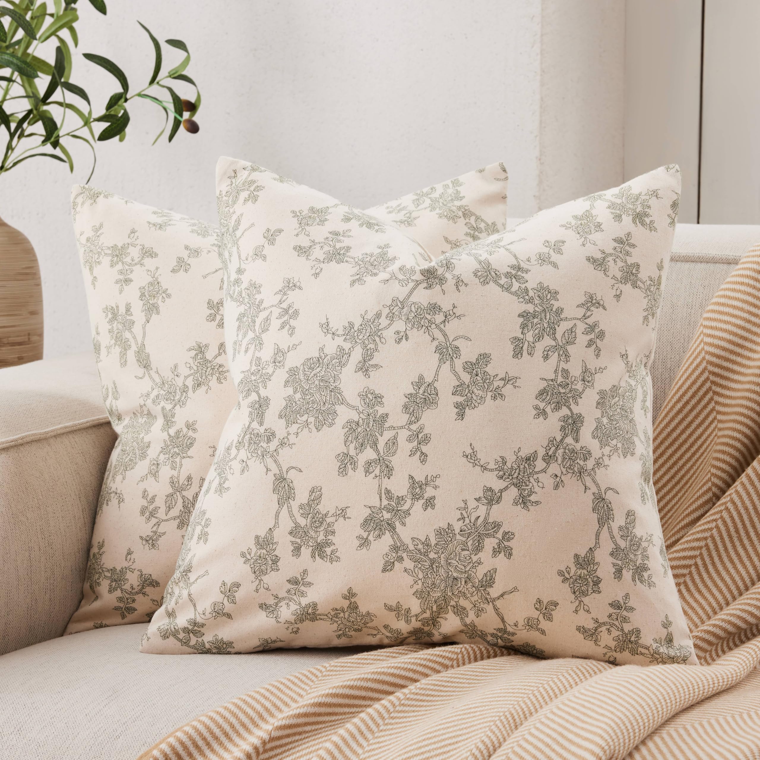 100% Cotton French Pastoral Throw Pillow Covers Set of 2, 18x18 Inch Blue Farmhouse Decorative Cushion Covers for Sofa Bed Living Room Home Decor