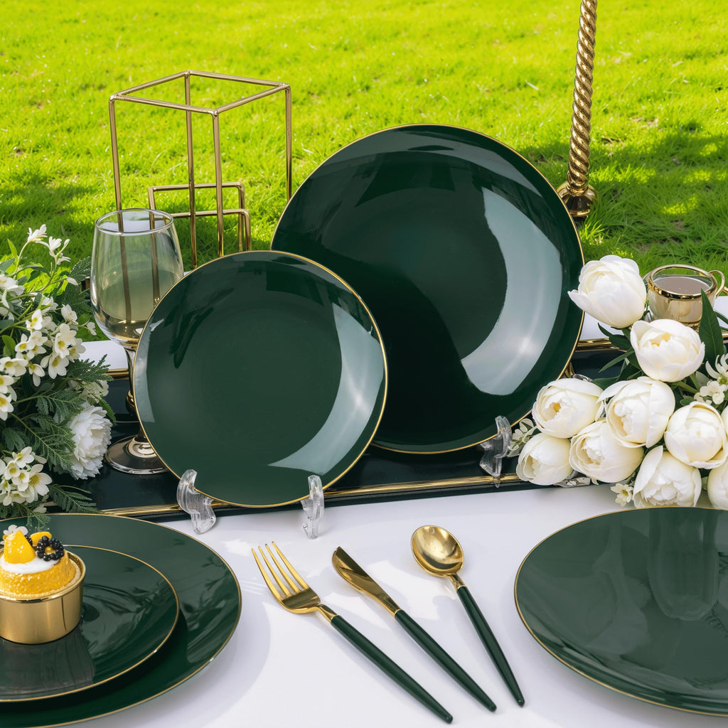DaYammi 150Pcs Gold Plastic Plates with Disposable Silverware,White Gold Disposable Dinnerware Set - 30 Dinner Plate,30 Dessert Plate,90 Gold Cutlery with White Handles,Fancy Plates for Party Wedding