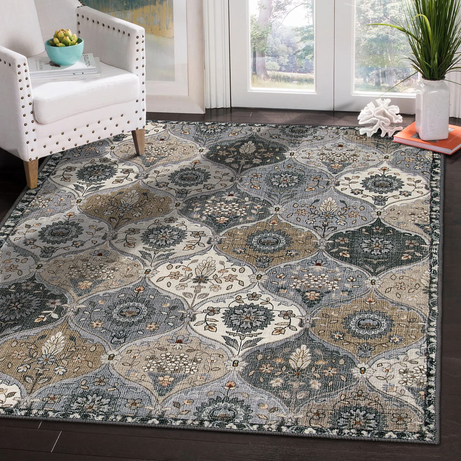 Lahome Moroccan Trellis Washable Rug, 2x3 Kitchen Rugs for Entryway Bathroom, Non-Slip Indoor Door Mat Ultra-Thin, Small Oriental Throw Carpet for Bedroom Entry Elise, Cream/Multi