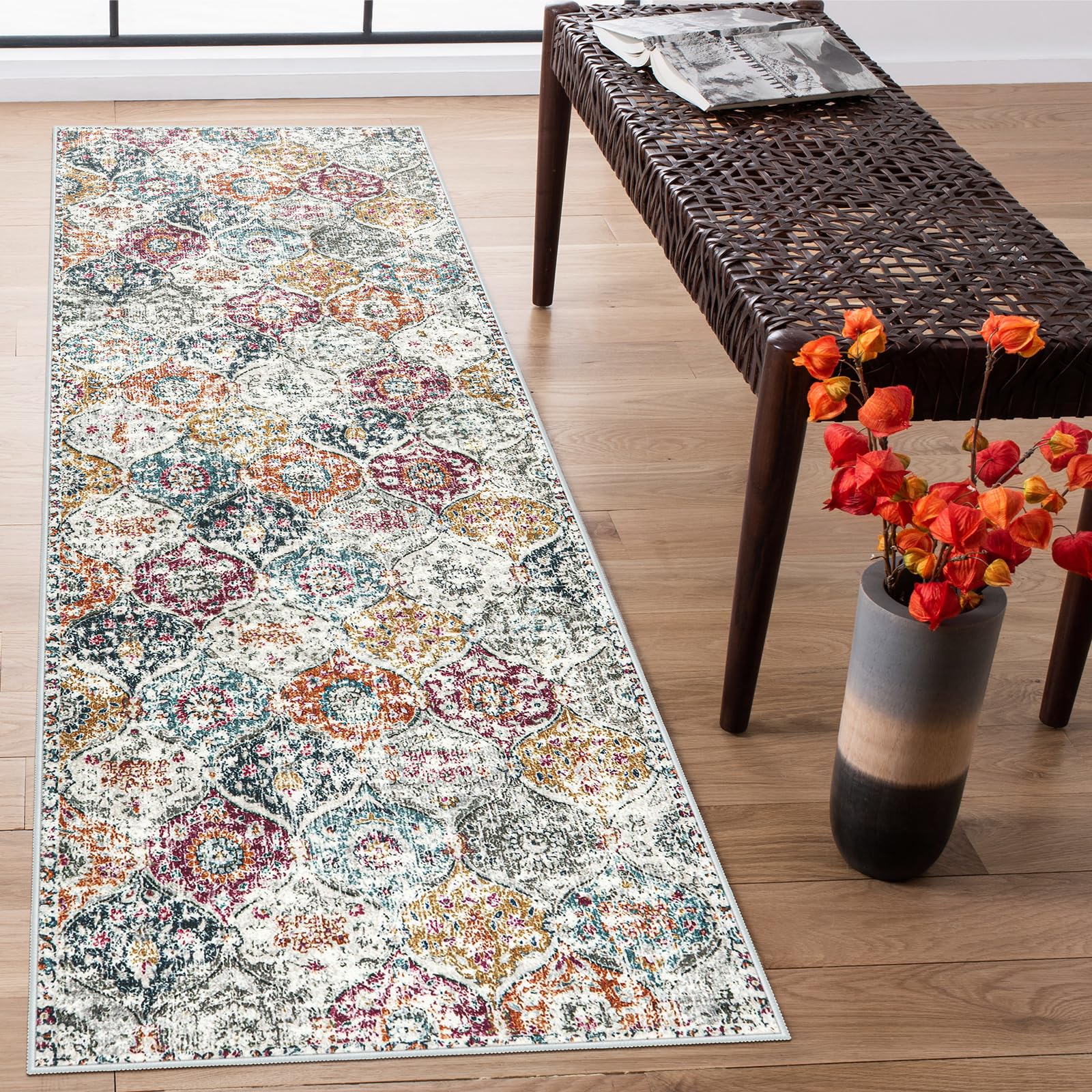 Lahome Moroccan Trellis Washable Rug, 2x3 Kitchen Rugs for Entryway Bathroom, Non-Slip Indoor Door Mat Ultra-Thin, Small Oriental Throw Carpet for Bedroom Entry Elise, Cream/Multi