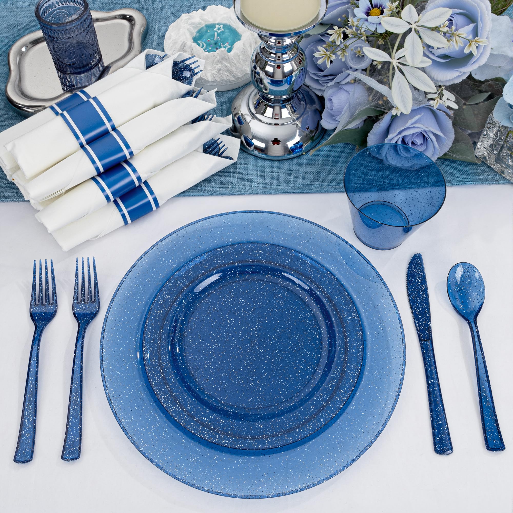 DaYammi 350PCS Gold Plastic Dinnerware Set for 50 Guests, Fancy Disposable Plates for Party, Include: 50 Dinner Plates, 50 Dessert Plates, 50 Pre Rolled Napkins with Gold Silverware, 50 Cups