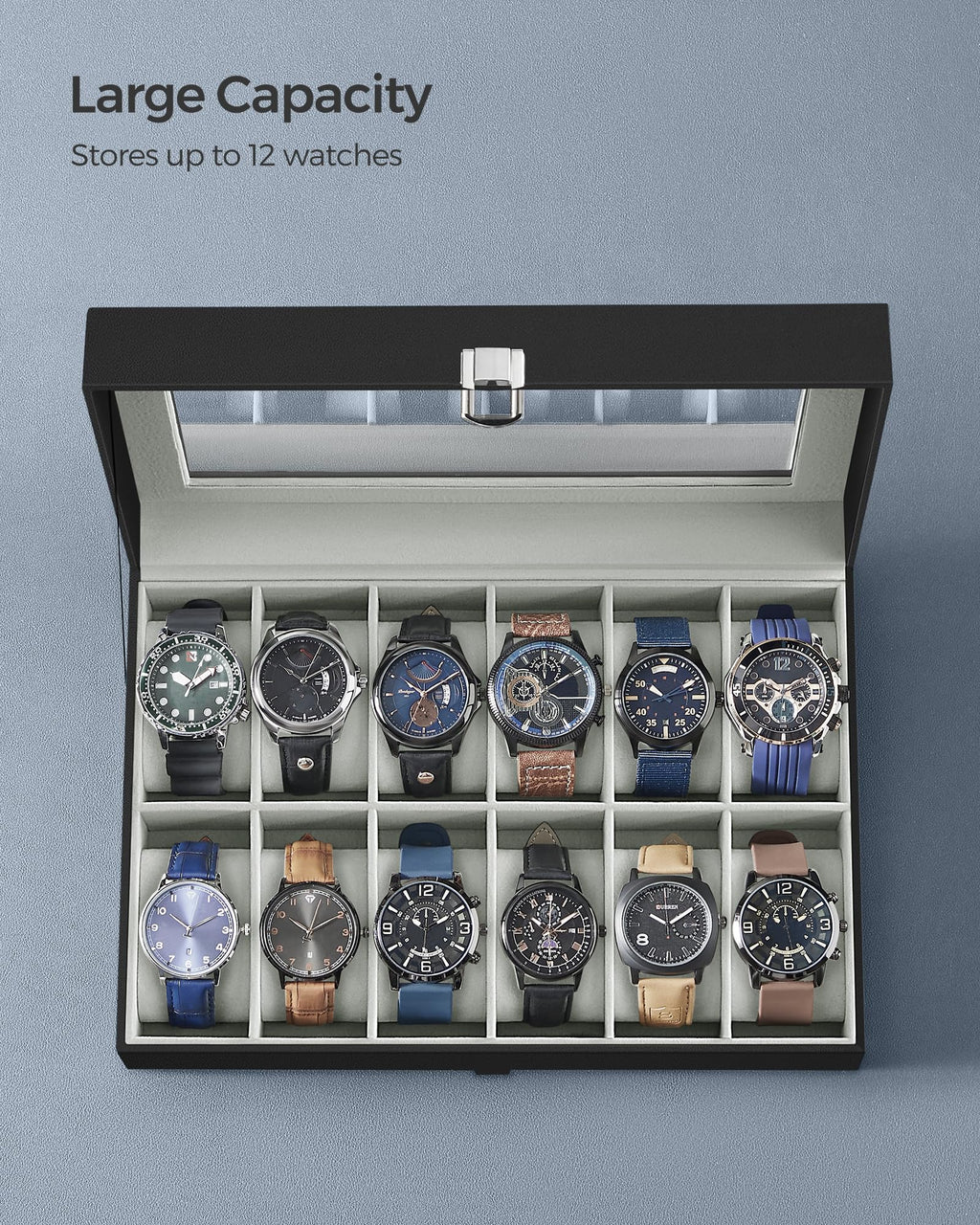 SONGMICS Watch Box, 12-Slot Watch Case Organizer with Large Glass Lid, Removable Pillows, Gift for Loved Ones, Black Synthetic Leather, Gray Lining UJWB12BK